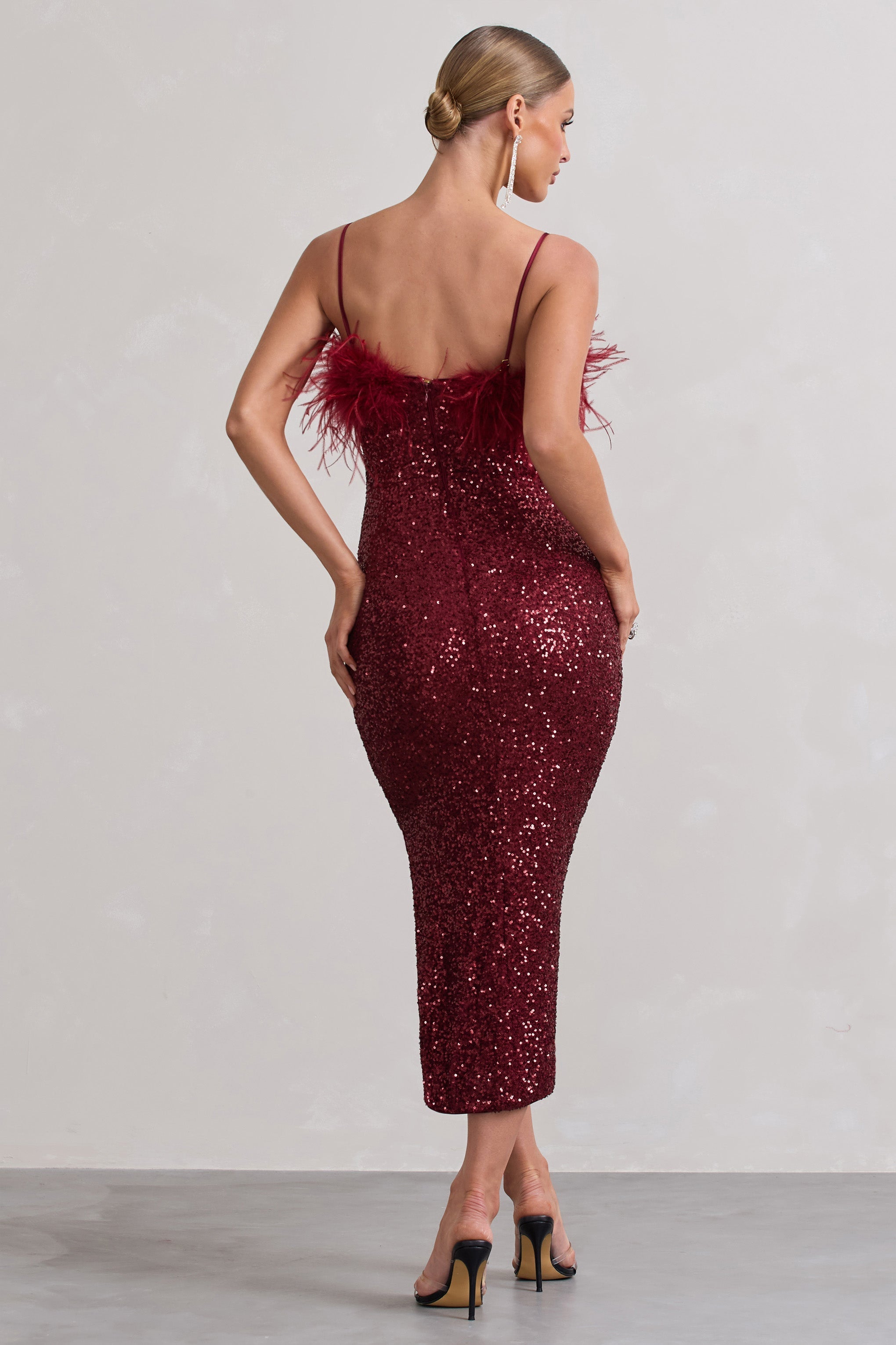 In Your Head Plum Sequin Strappy Midi Dress With Feathers