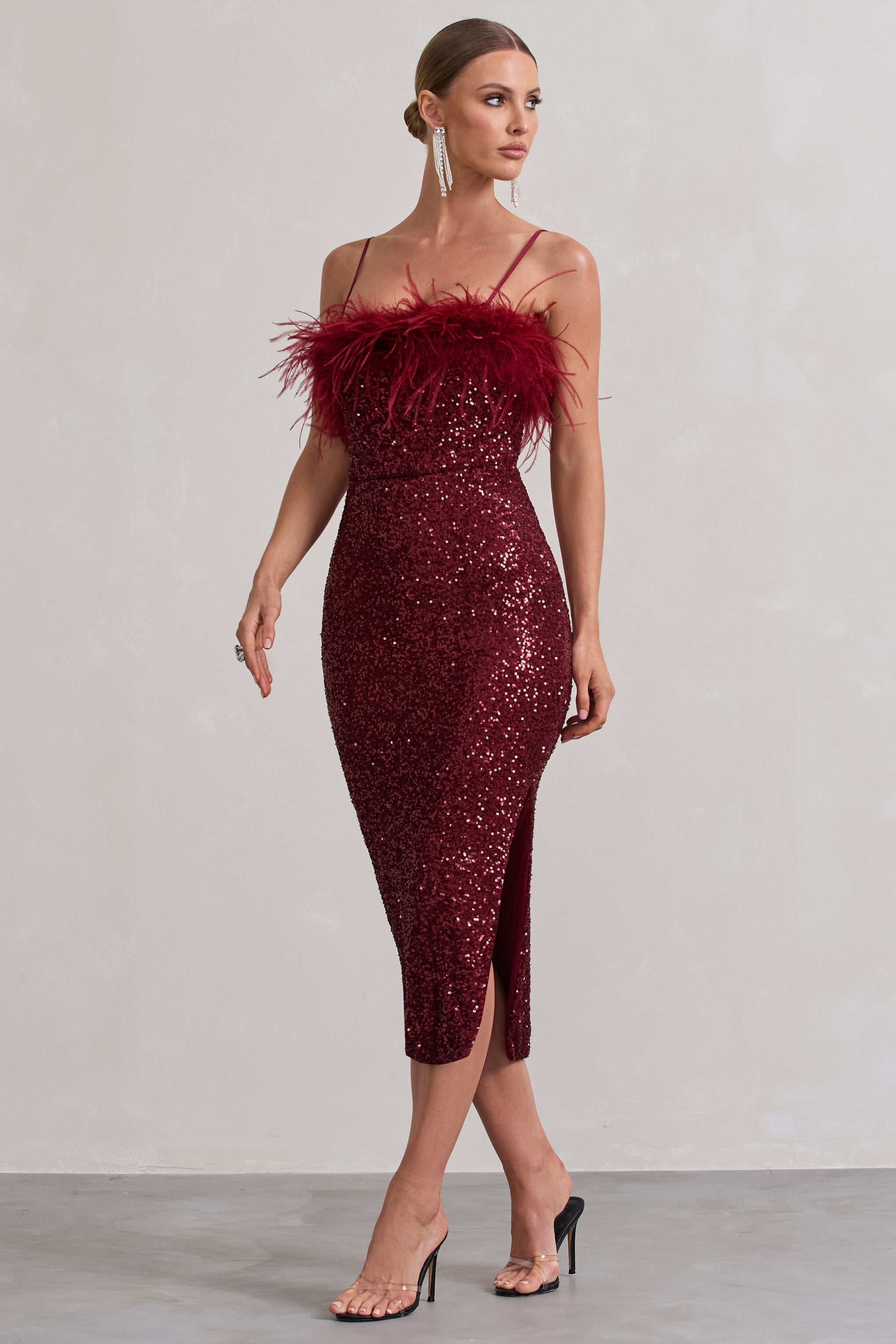In Your Head Plum Sequin Strappy Midi Dress With Feathers