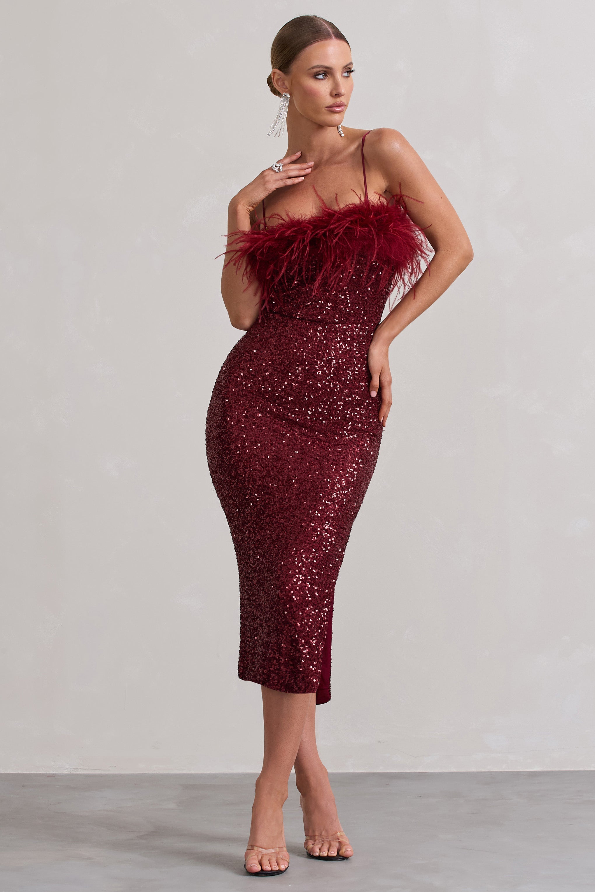 In Your Head Plum Sequin Strappy Midi Dress With Feathers