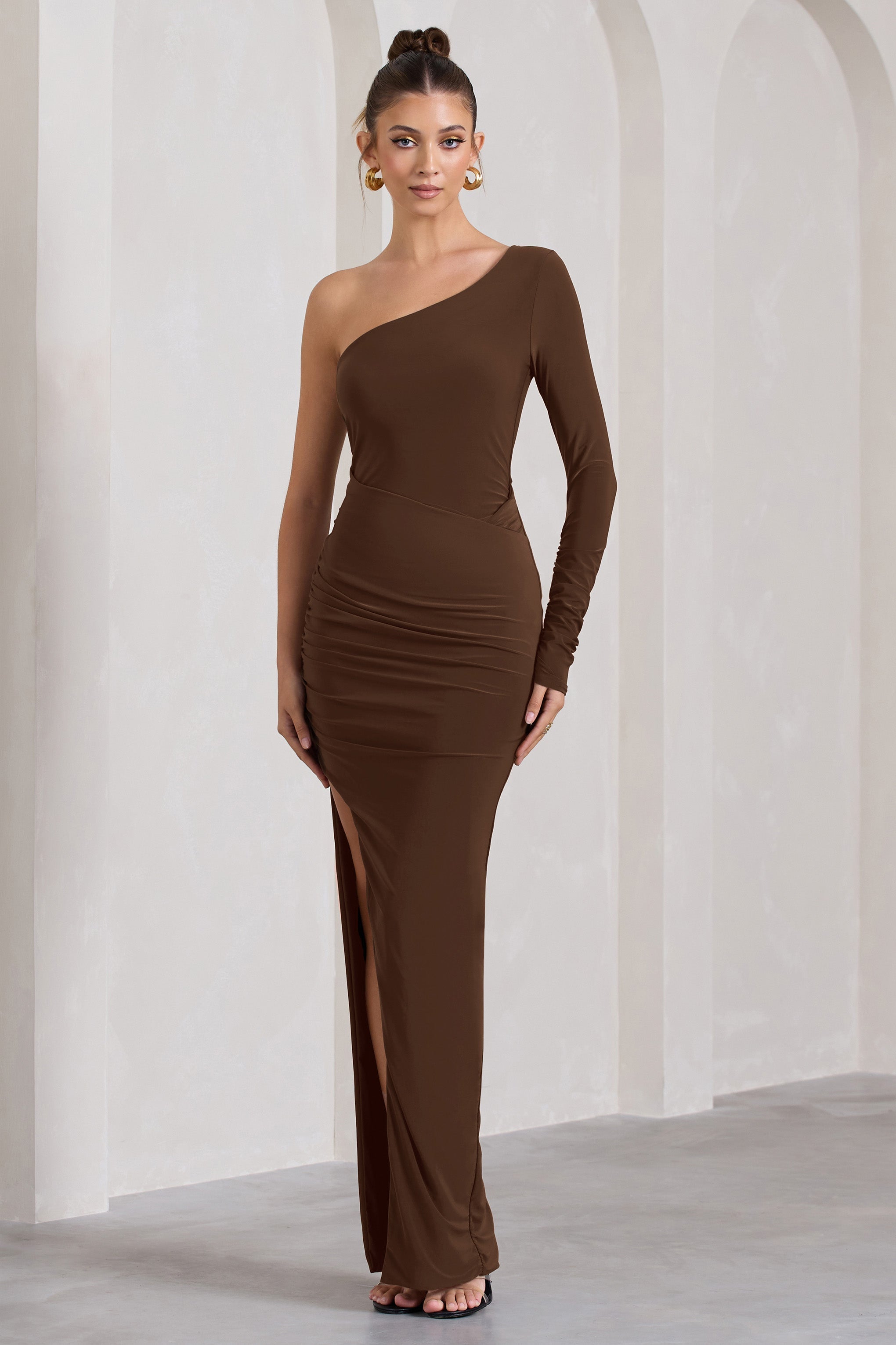 Mallory Chocolate Brown Asymmetric Split Maxi Dress