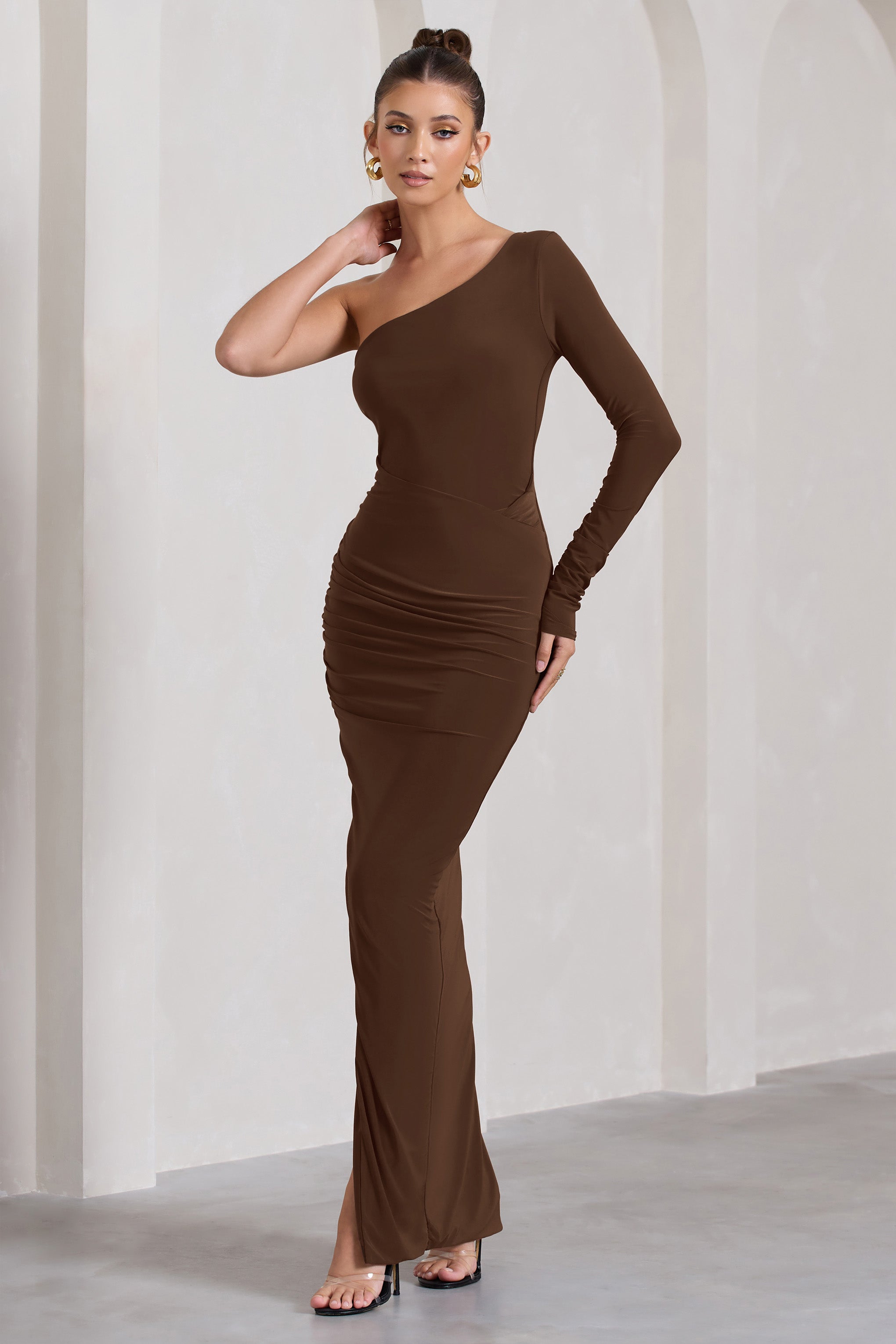 Mallory Chocolate Brown Asymmetric Split Maxi Dress