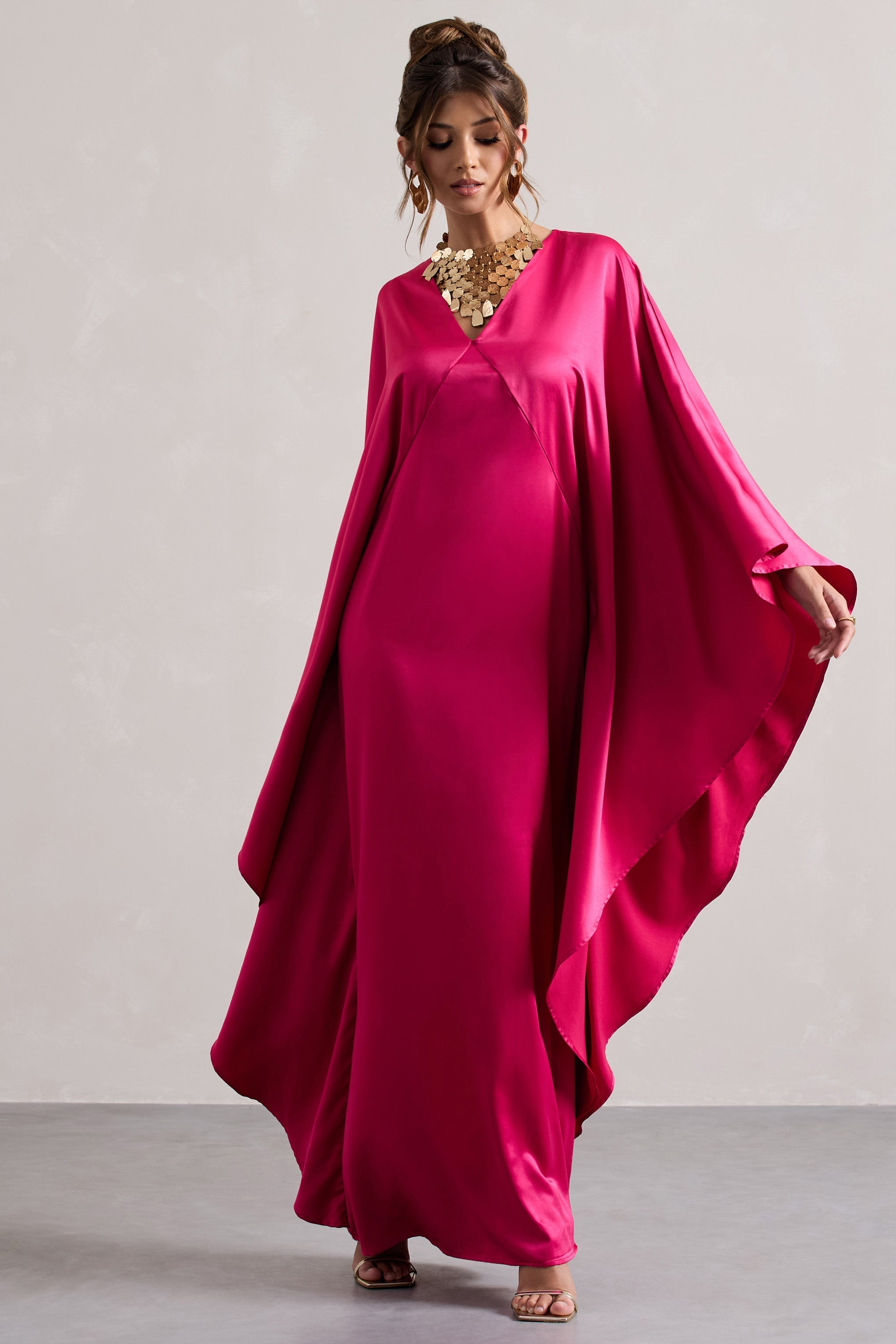 Alohi Hot Pink Satin Plunge Cape Maxi Dress