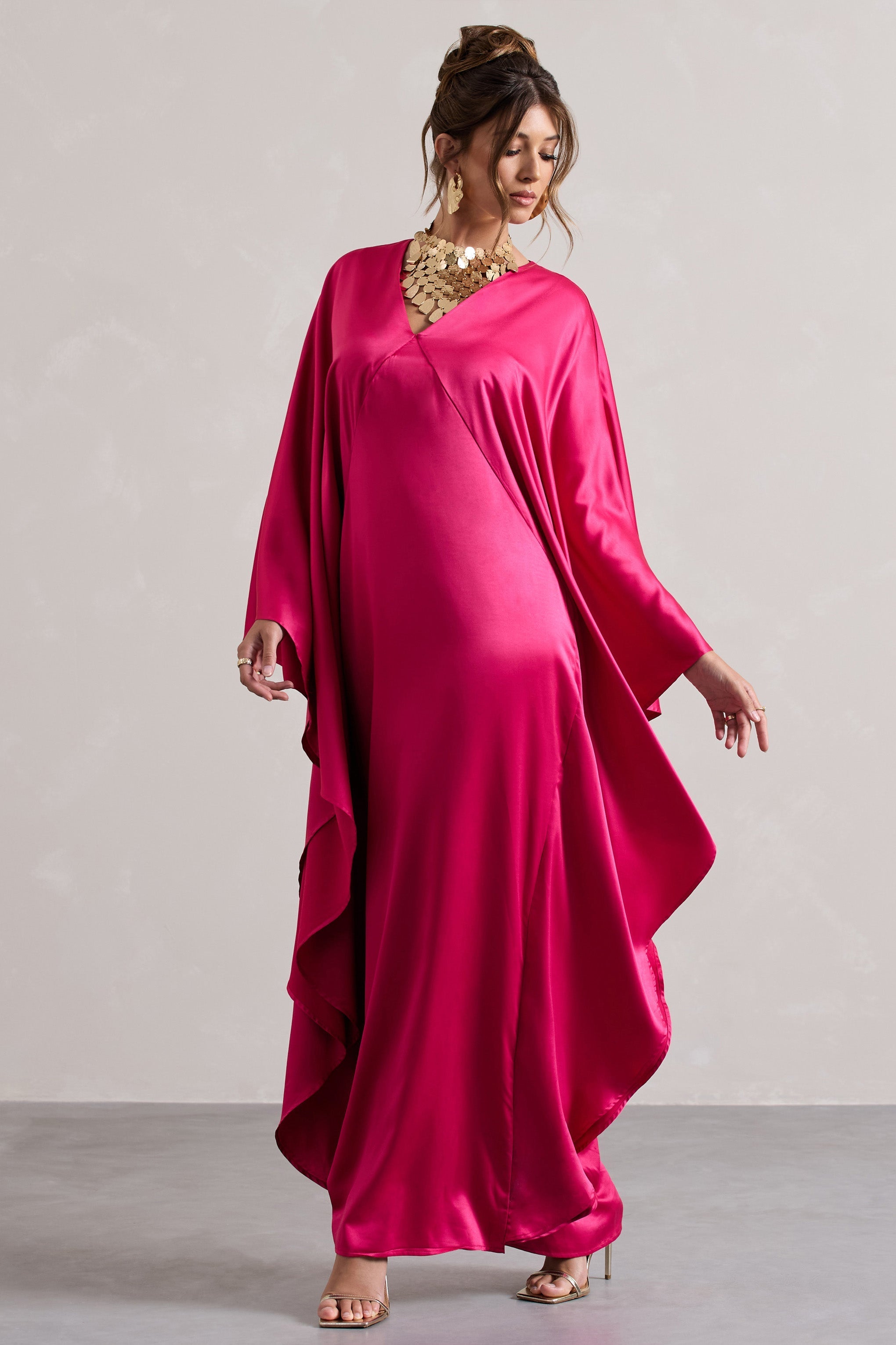 Alohi Hot Pink Satin Plunge Cape Maxi Dress