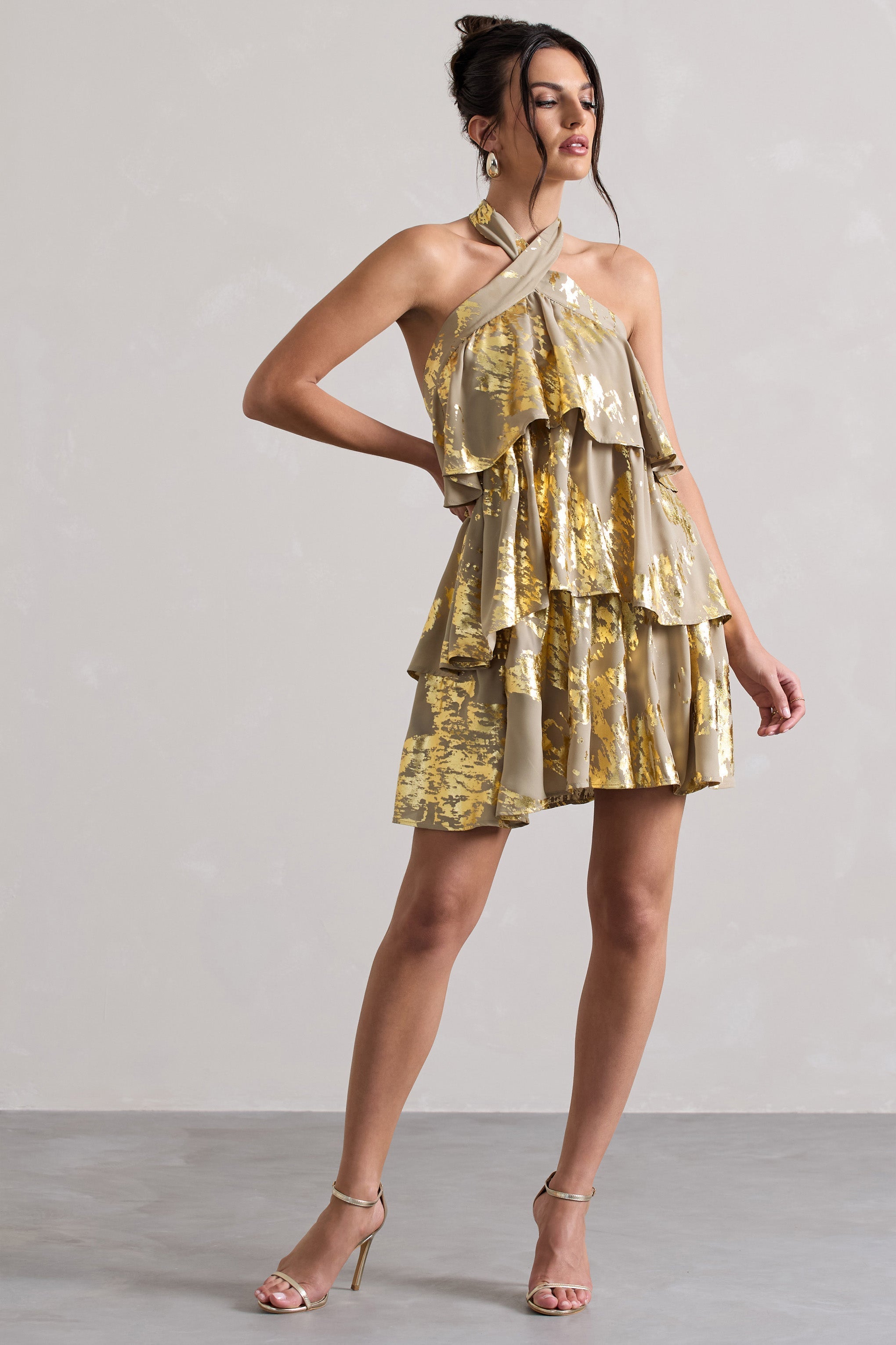 Alecia Metallic Gold Halter-Neck Ruffle Mini Dress