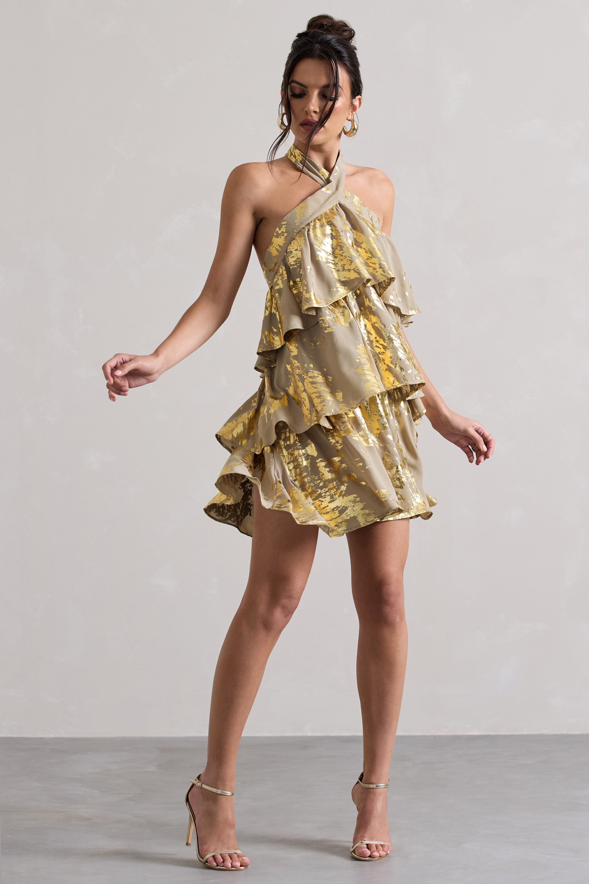 Alecia Metallic Gold Halter-Neck Ruffle Mini Dress