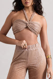 Chasing Dawn Gold Metallic Twist Halter-Neck Crop Top