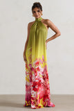 Gloriana Pink and Green Floral Print Satin High-Neck Maxi Dress