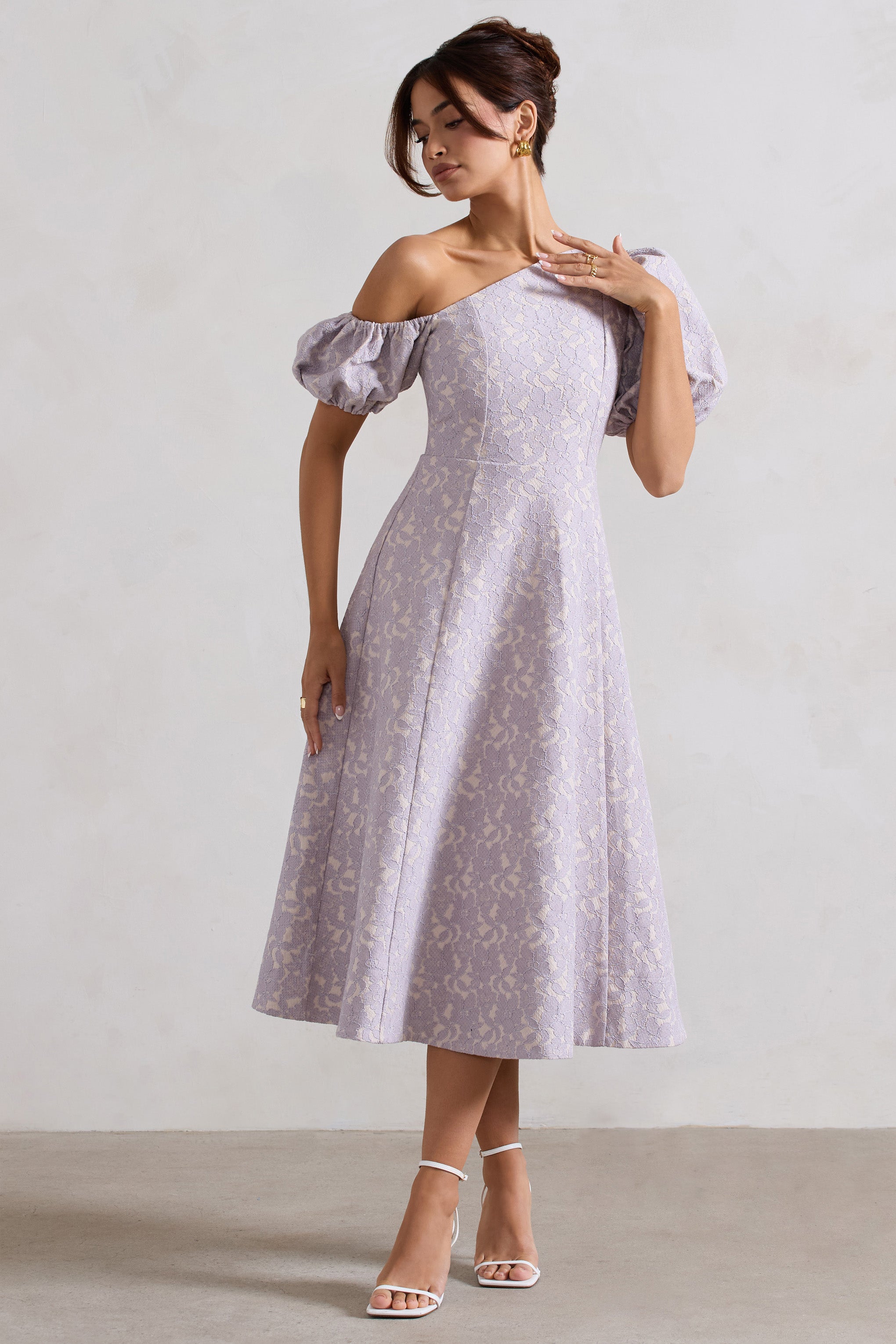 Lottie Mauve Lace Asymmetric Puff-Sleeve Maxi Dress