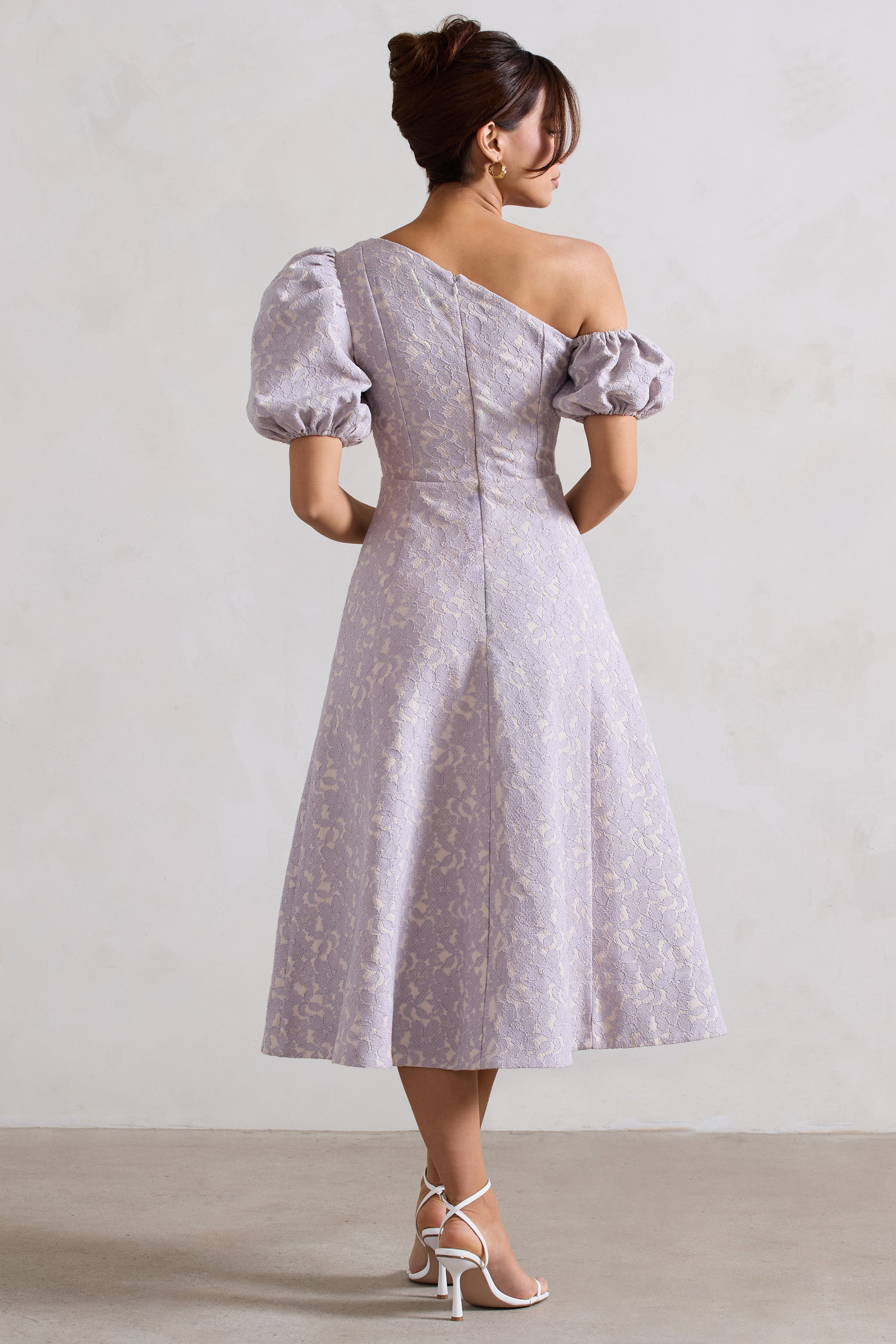 Lottie Mauve Lace Asymmetric Puff-Sleeve Maxi Dress