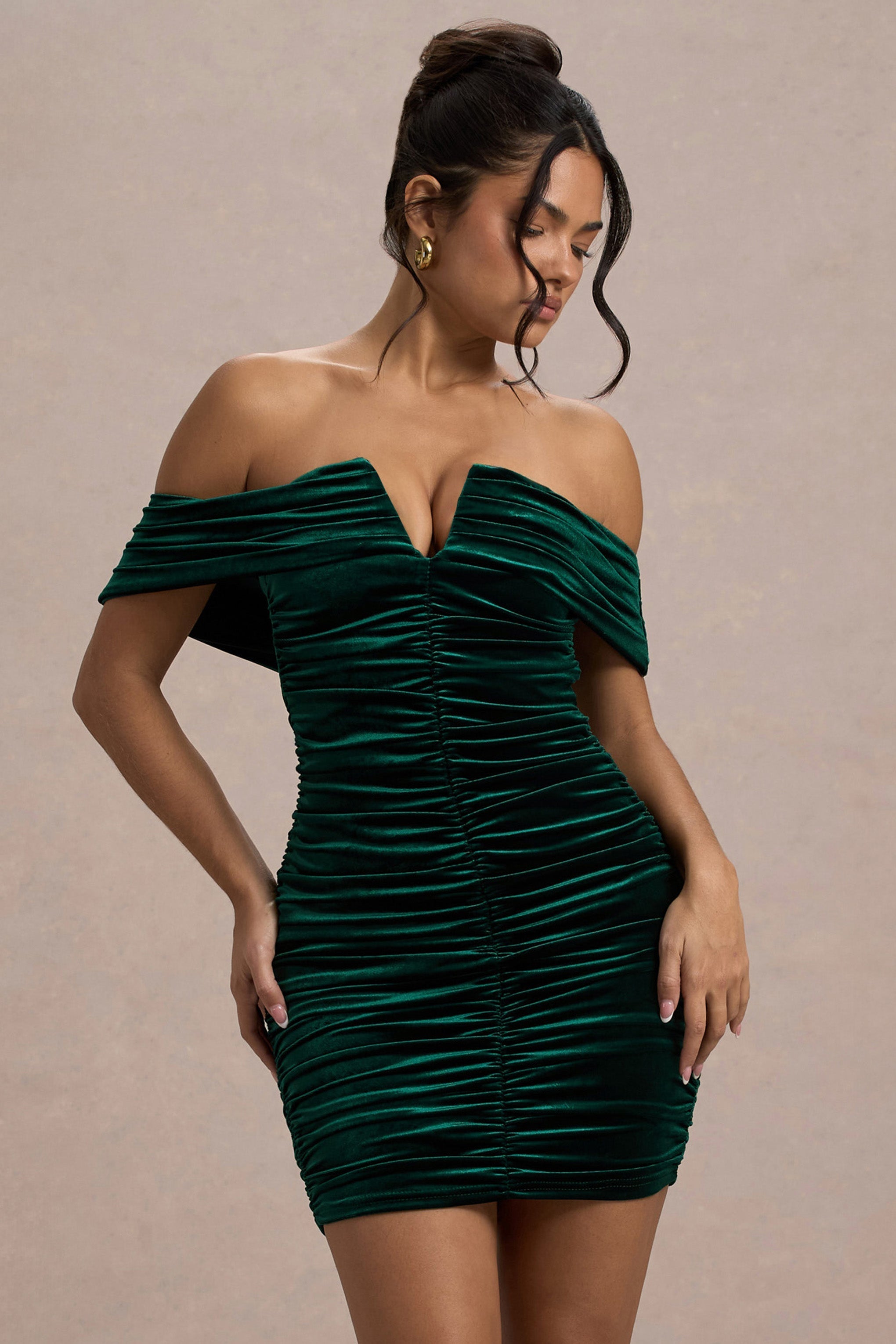 Little Glint Bottle Green Velvet Ruched Bardot V-Neck Mini Dress