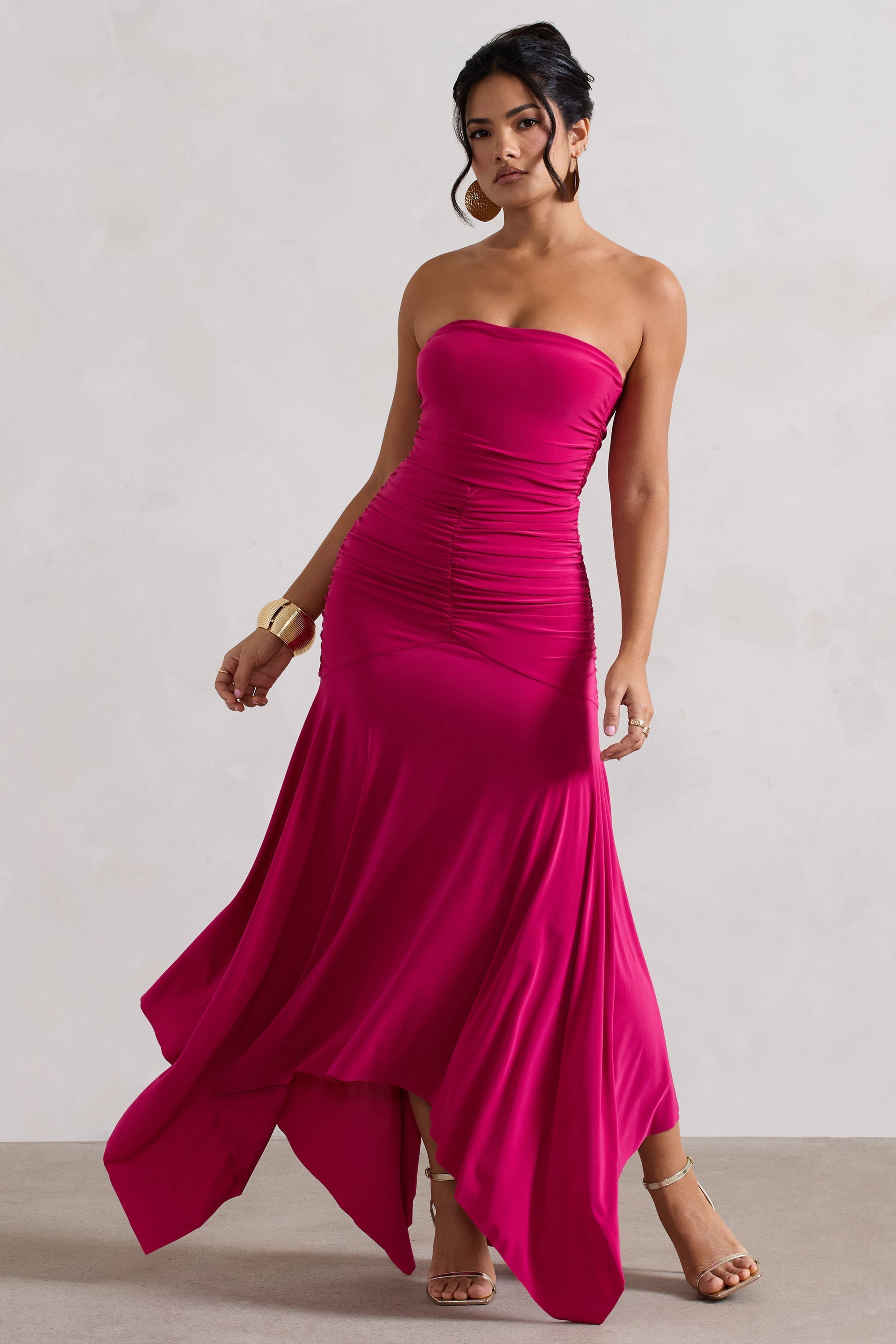 Florianne Hot Pink Ruched Bandeau Midi Dress