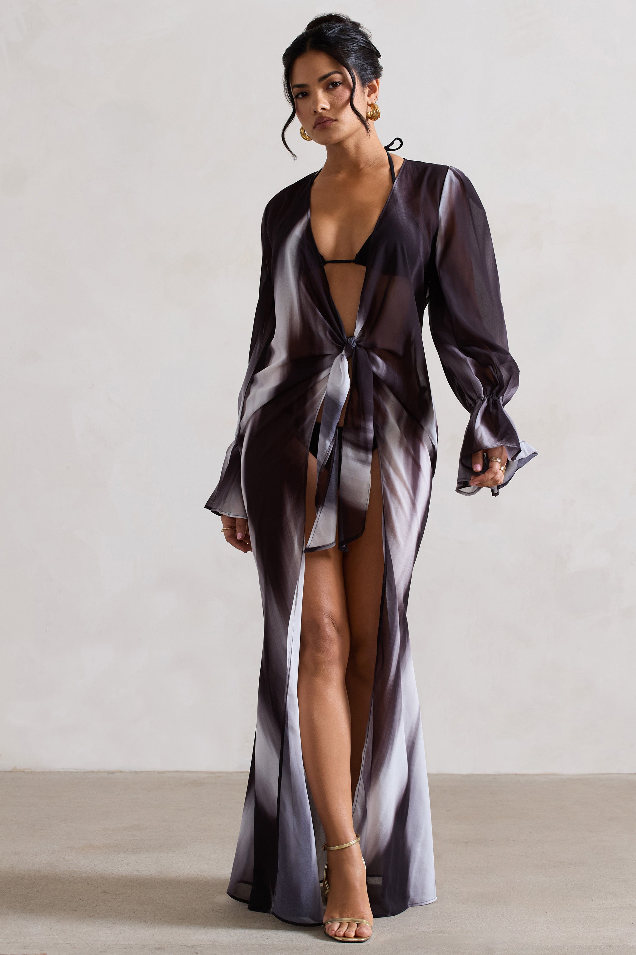 Bohemian Black Print Longline Chiffon Cover-Up