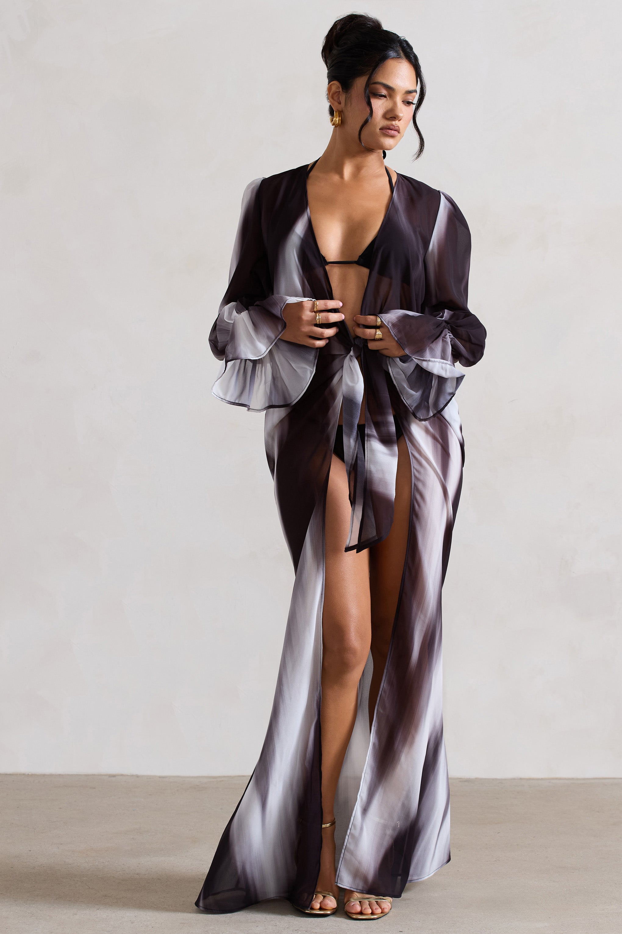 Bohemian Black Print Longline Chiffon Cover-Up