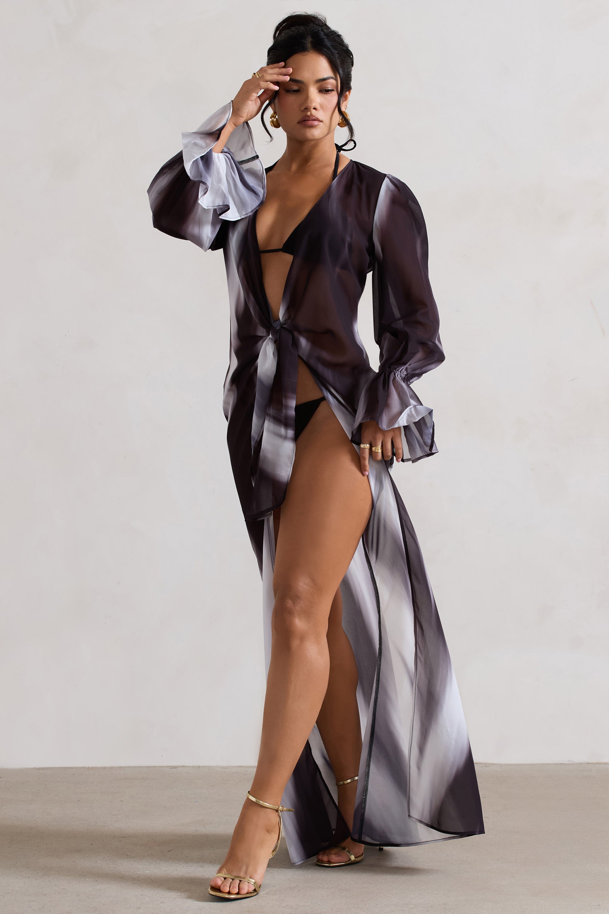Bohemian Black Print Longline Chiffon Cover-Up