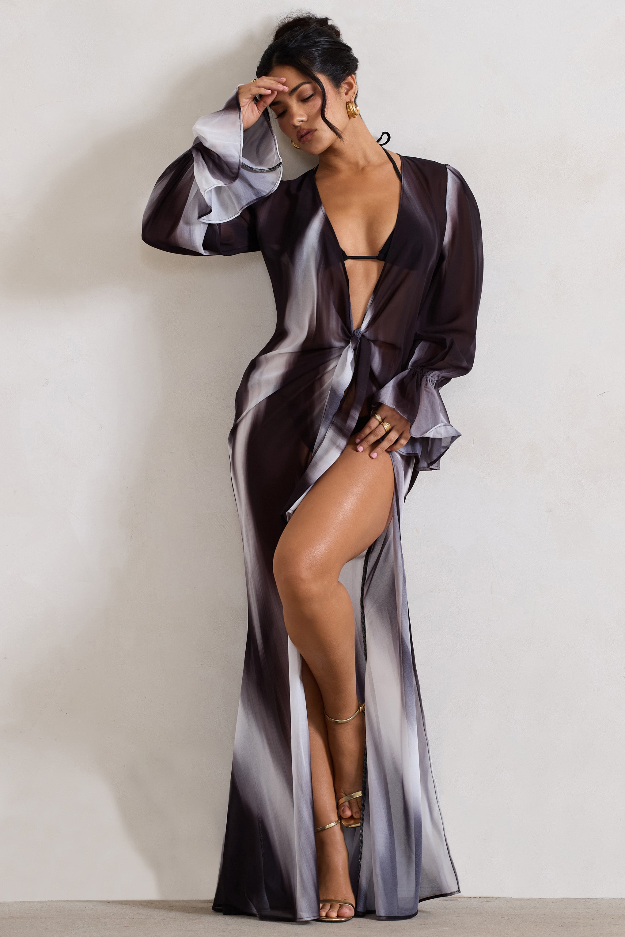 Bohemian Black Print Longline Chiffon Cover-Up
