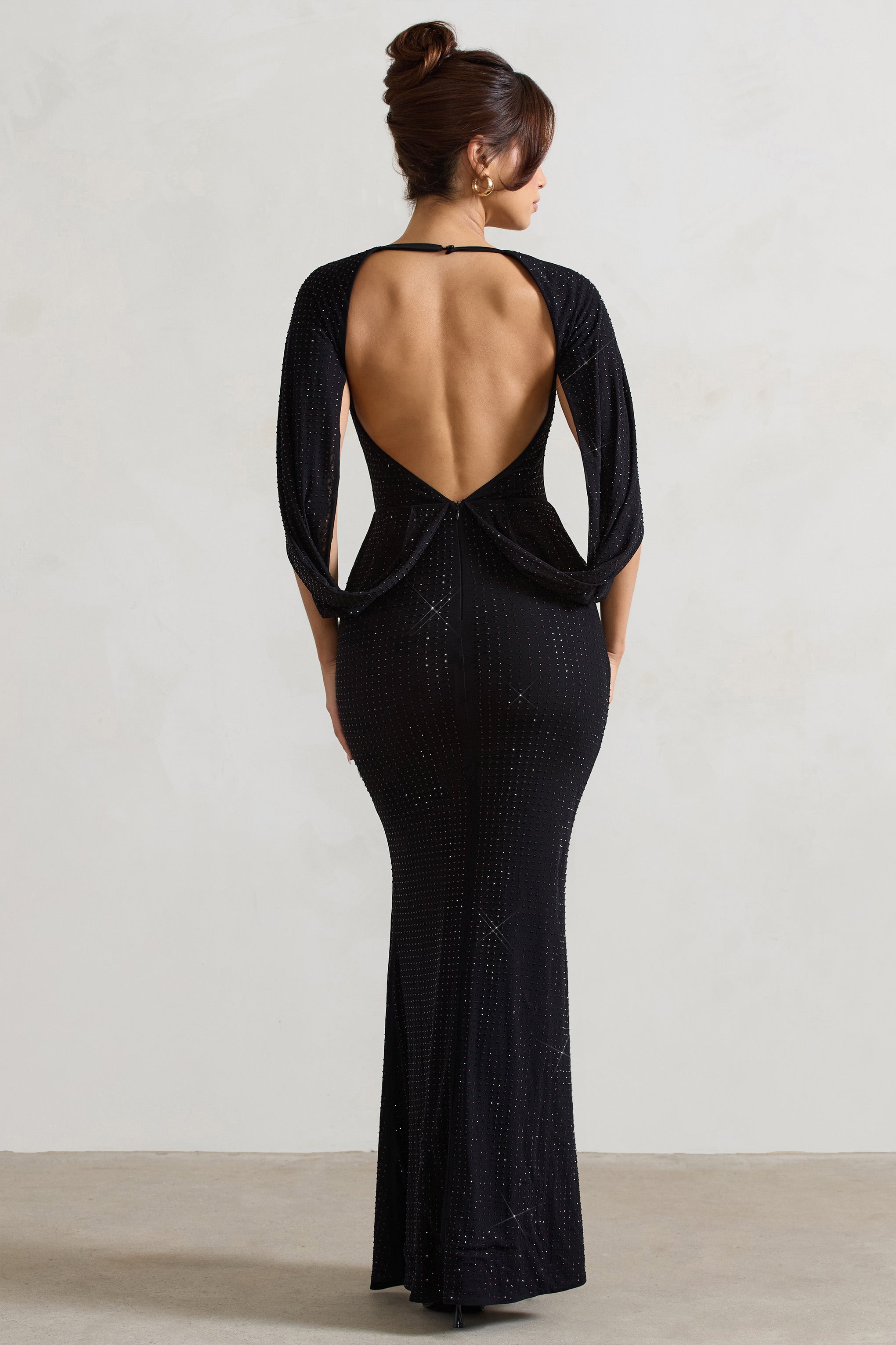Broadway Black Embellished Fishtail Maxi Dress With Cape Sleeves