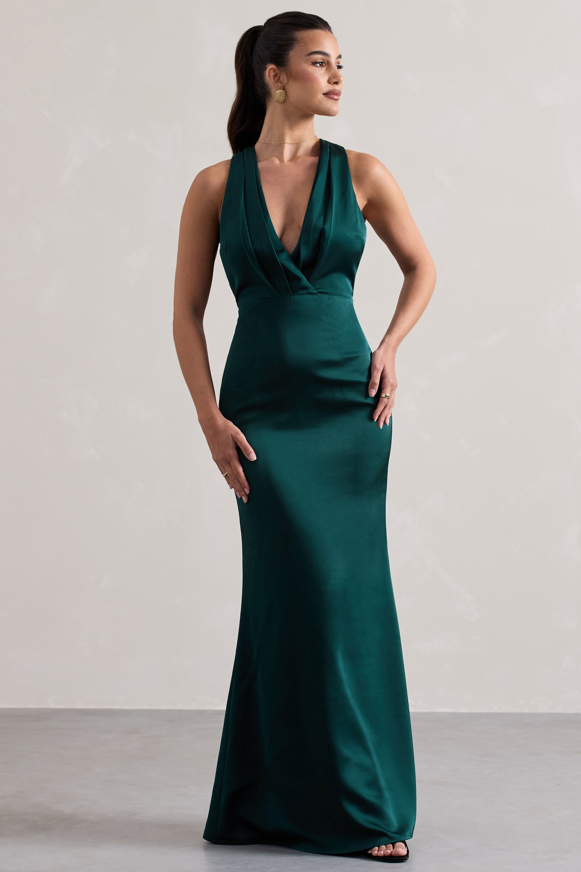 Tiffany Bottle Green Satin Plunge-Neck Maxi Dress