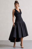 Amoret Black Plunge-Neck Maxi Dress With Volume Hem