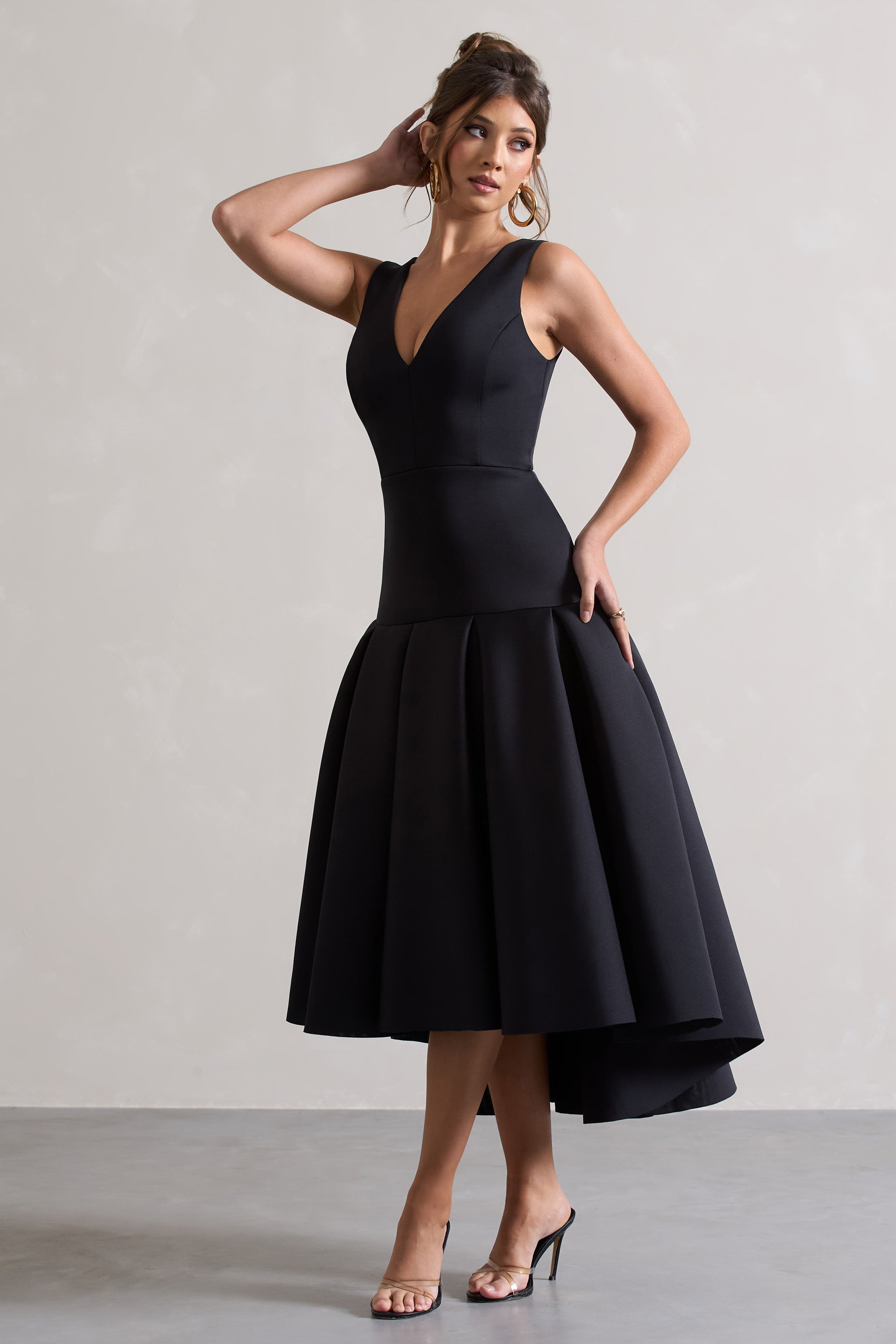 Amoret Black Plunge-Neck Maxi Dress With Volume Hem