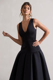 Amoret Black Plunge-Neck Maxi Dress With Volume Hem