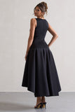 Amoret Black Plunge-Neck Maxi Dress With Volume Hem
