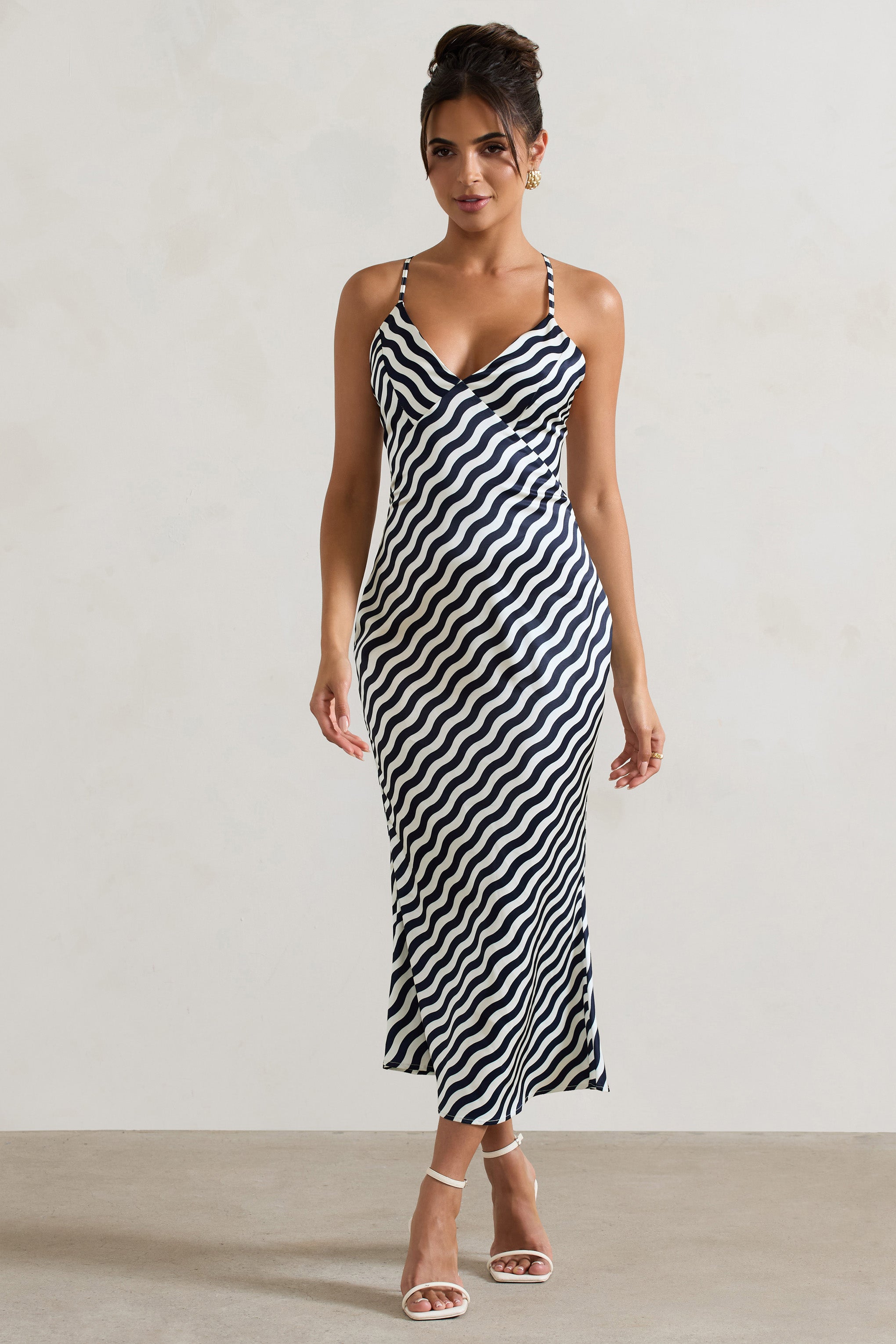 Aquarius Navy Wave Print Satin Open-Back Midi Dress