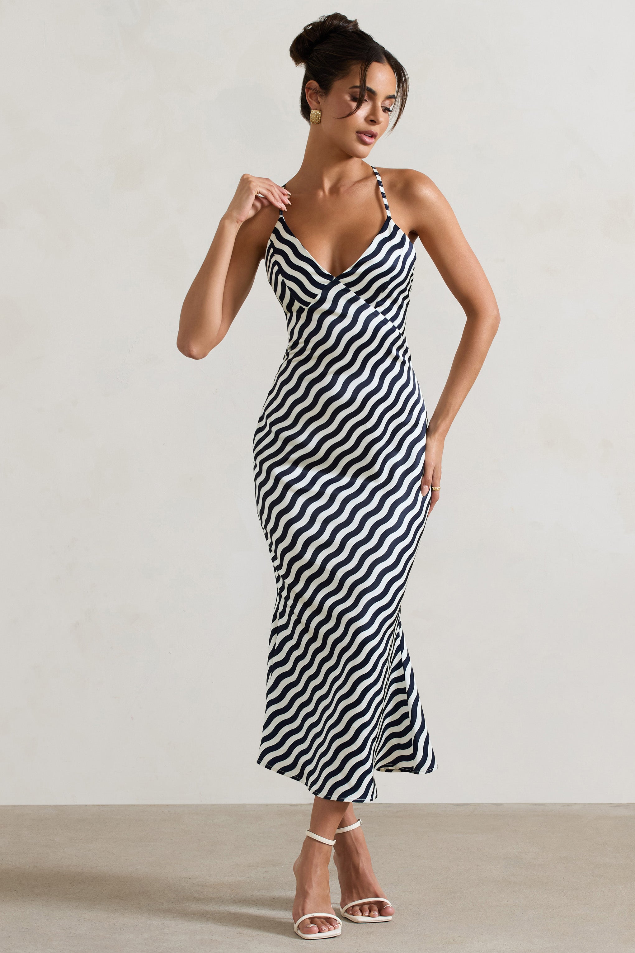 Aquarius Navy Wave Print Satin Open-Back Midi Dress