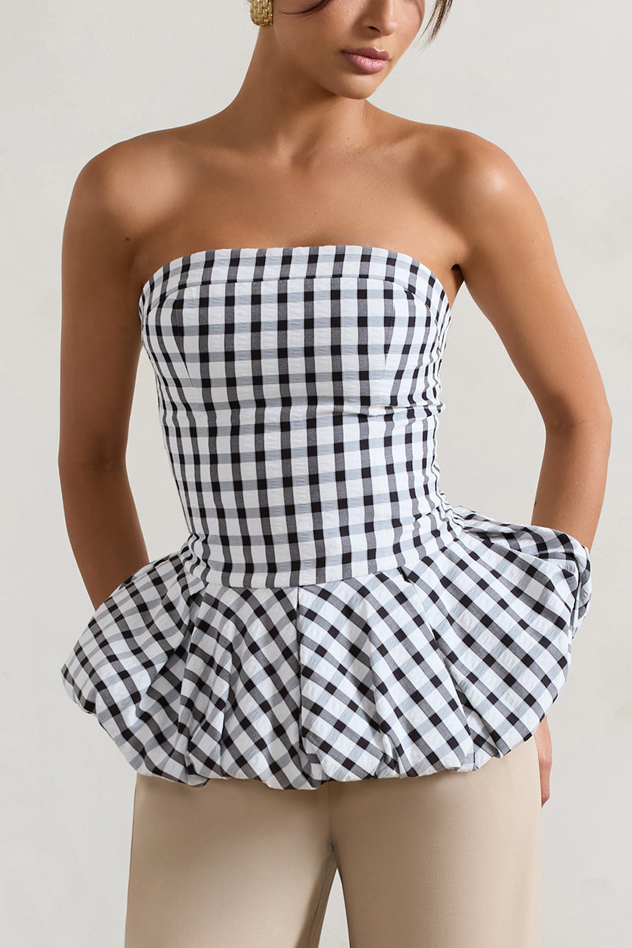 Roll With It Black & White Gingham Bandeau Ruffle Top