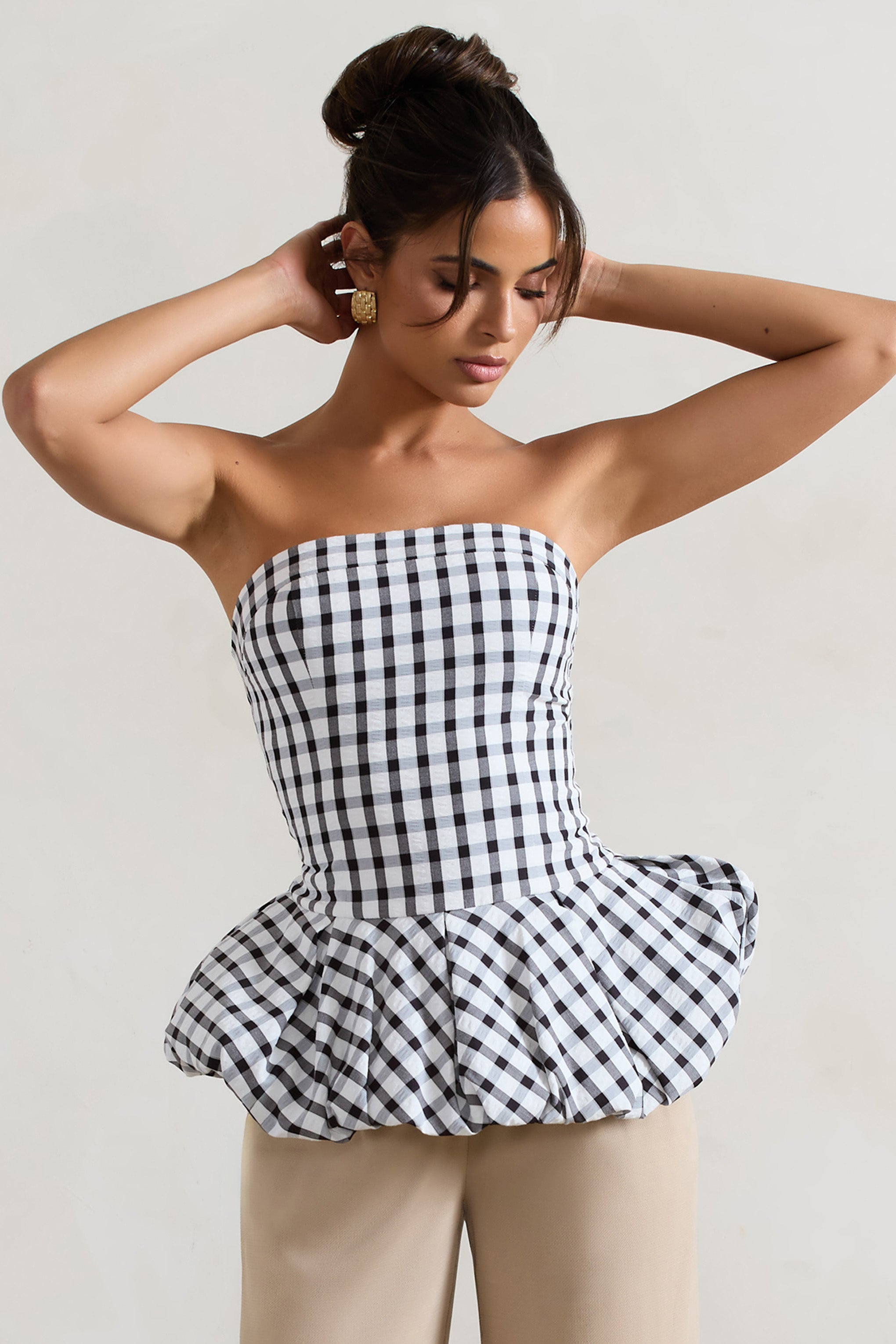 Roll With It Black & White Gingham Bandeau Ruffle Top