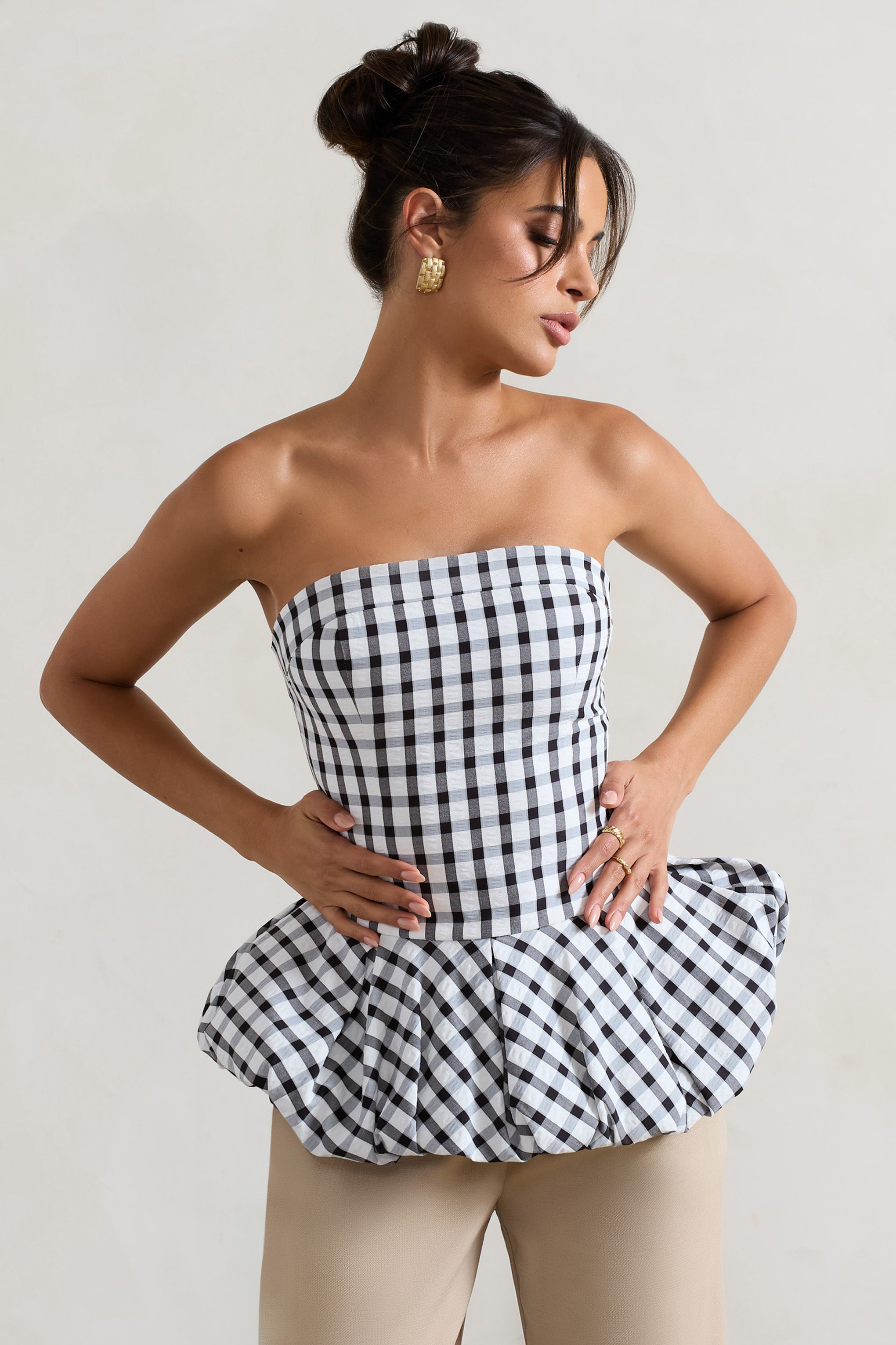 Roll With It Black & White Gingham Bandeau Ruffle Top
