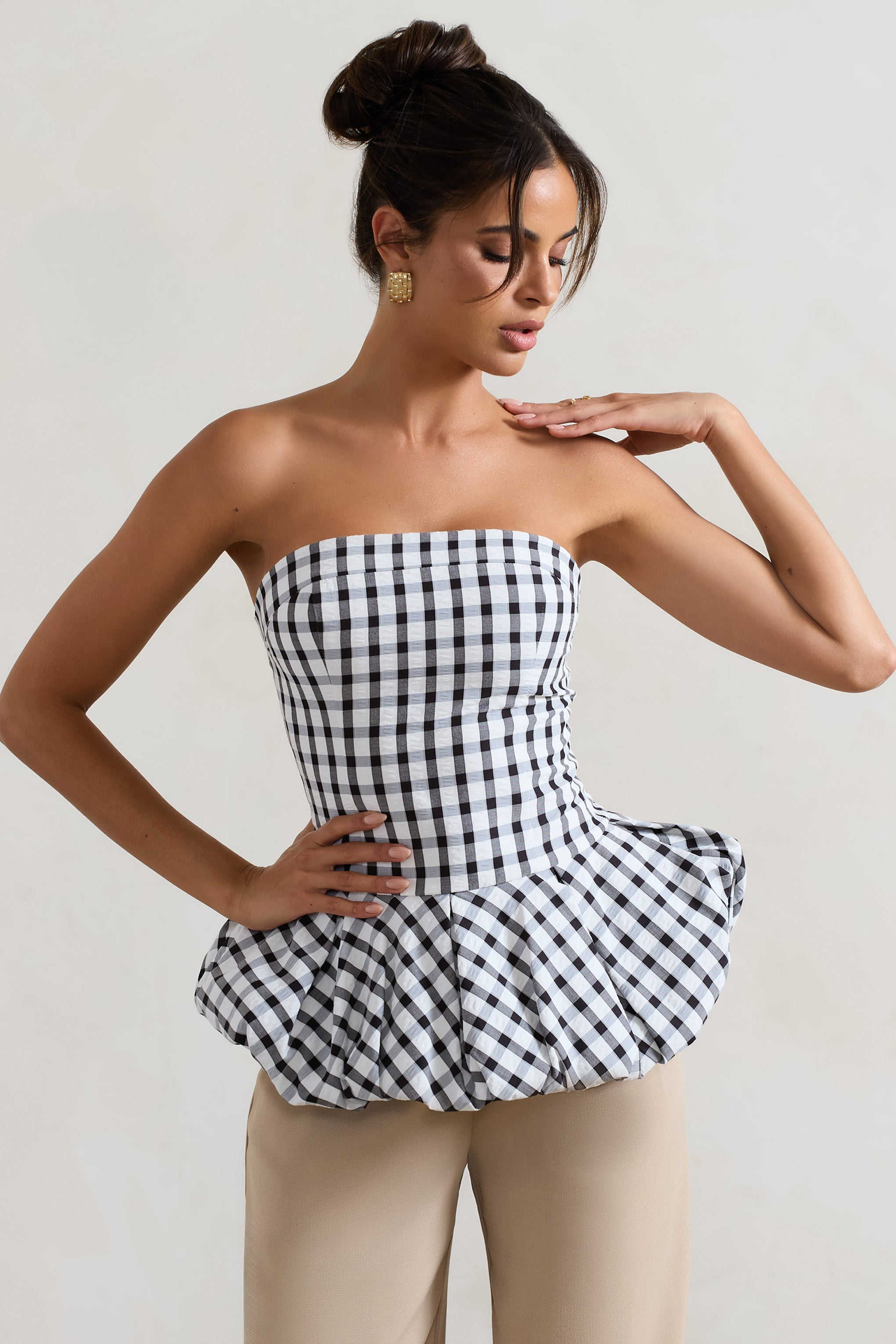 Roll With It Black & White Gingham Bandeau Ruffle Top
