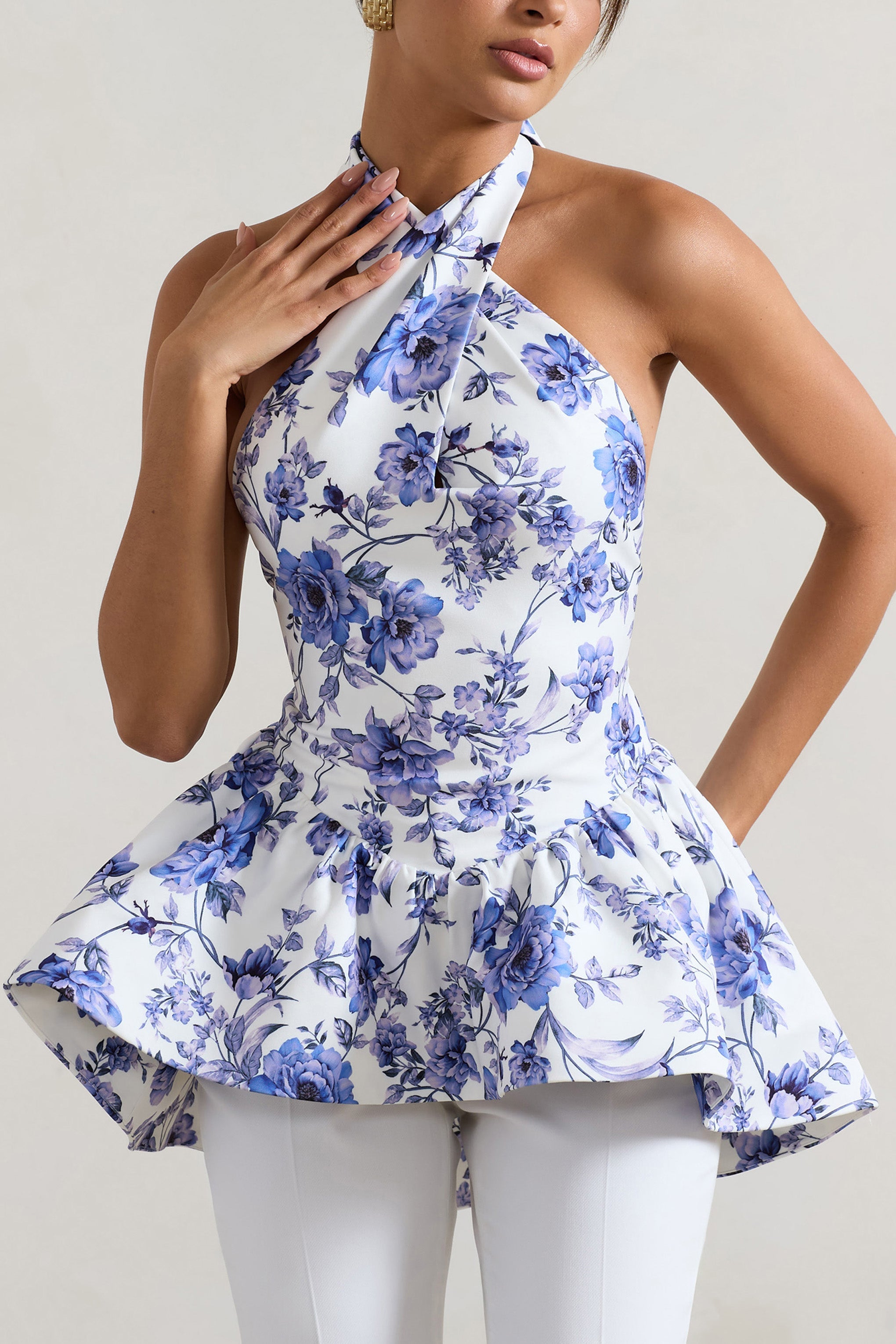Tonya Blue Floral Print Tailored Halter-Neck Peplum Top