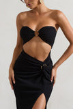 Cancun Black Crinkle Strapless Cut-Out Maxi Dress With Twist
