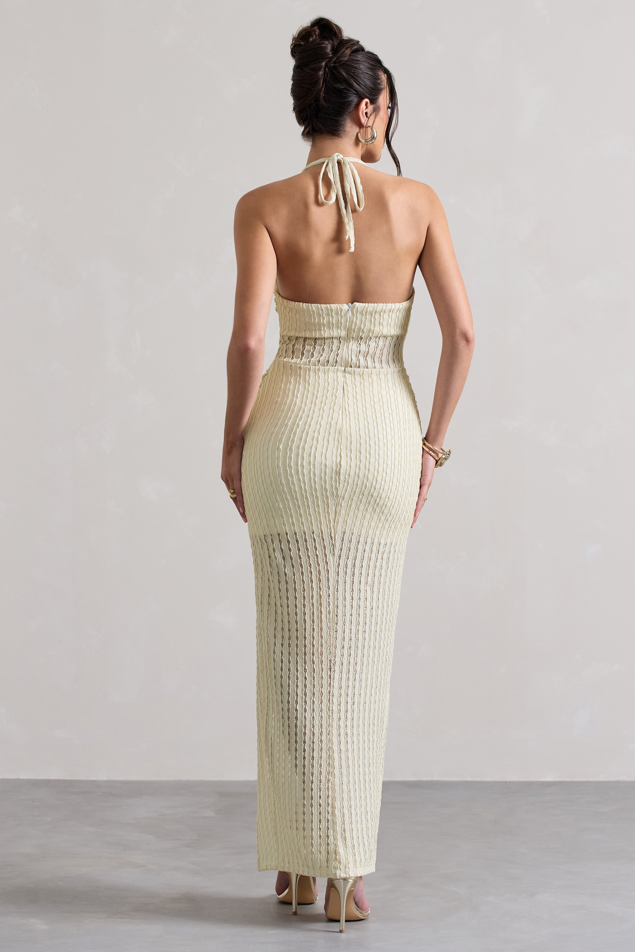 Amalfi Ecru Textured Sheer Halter-Neck Maxi Dress