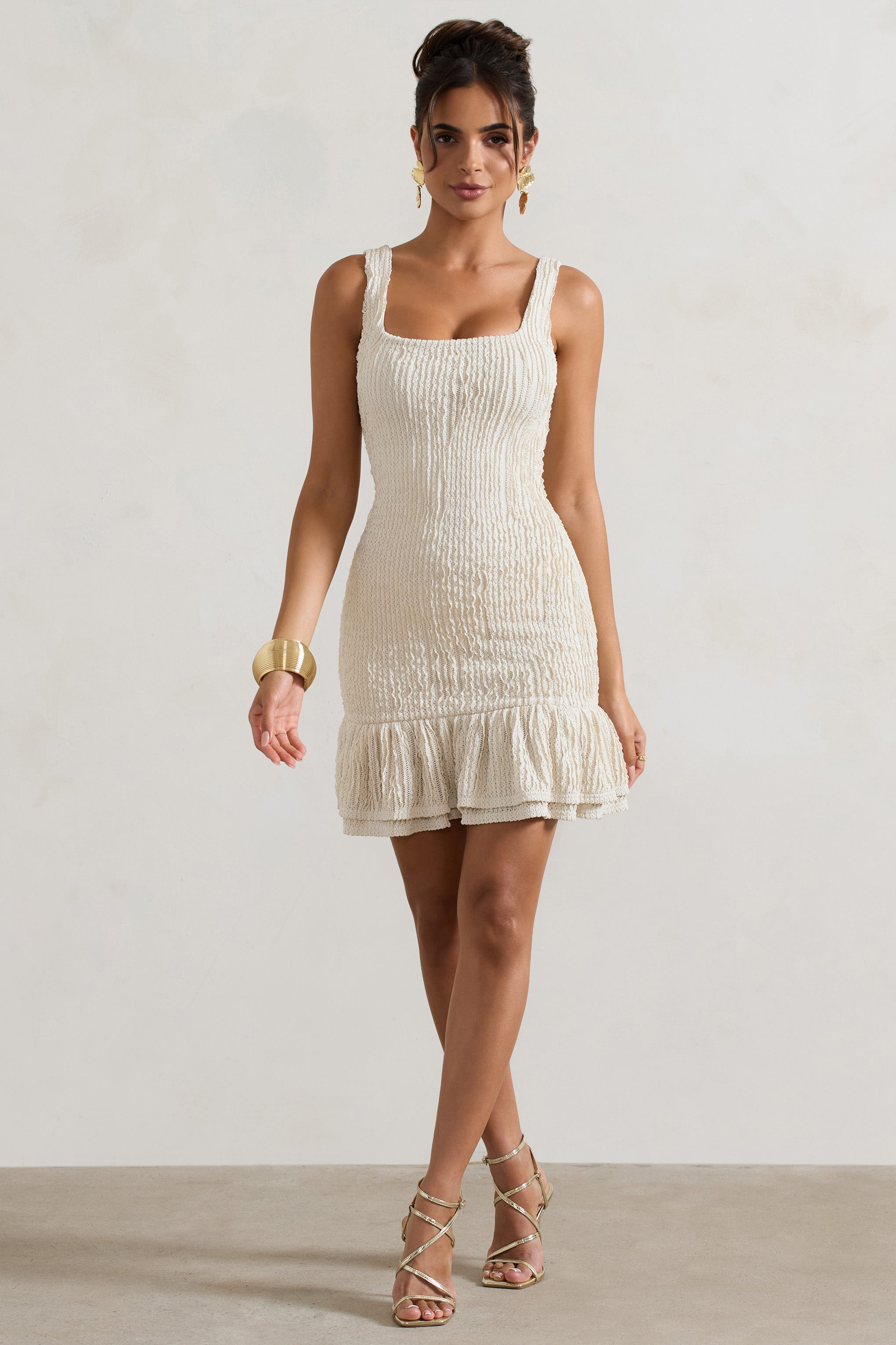 Madeira Ecru Crochet Square-Neck Mini Dress With Ruffle Trim