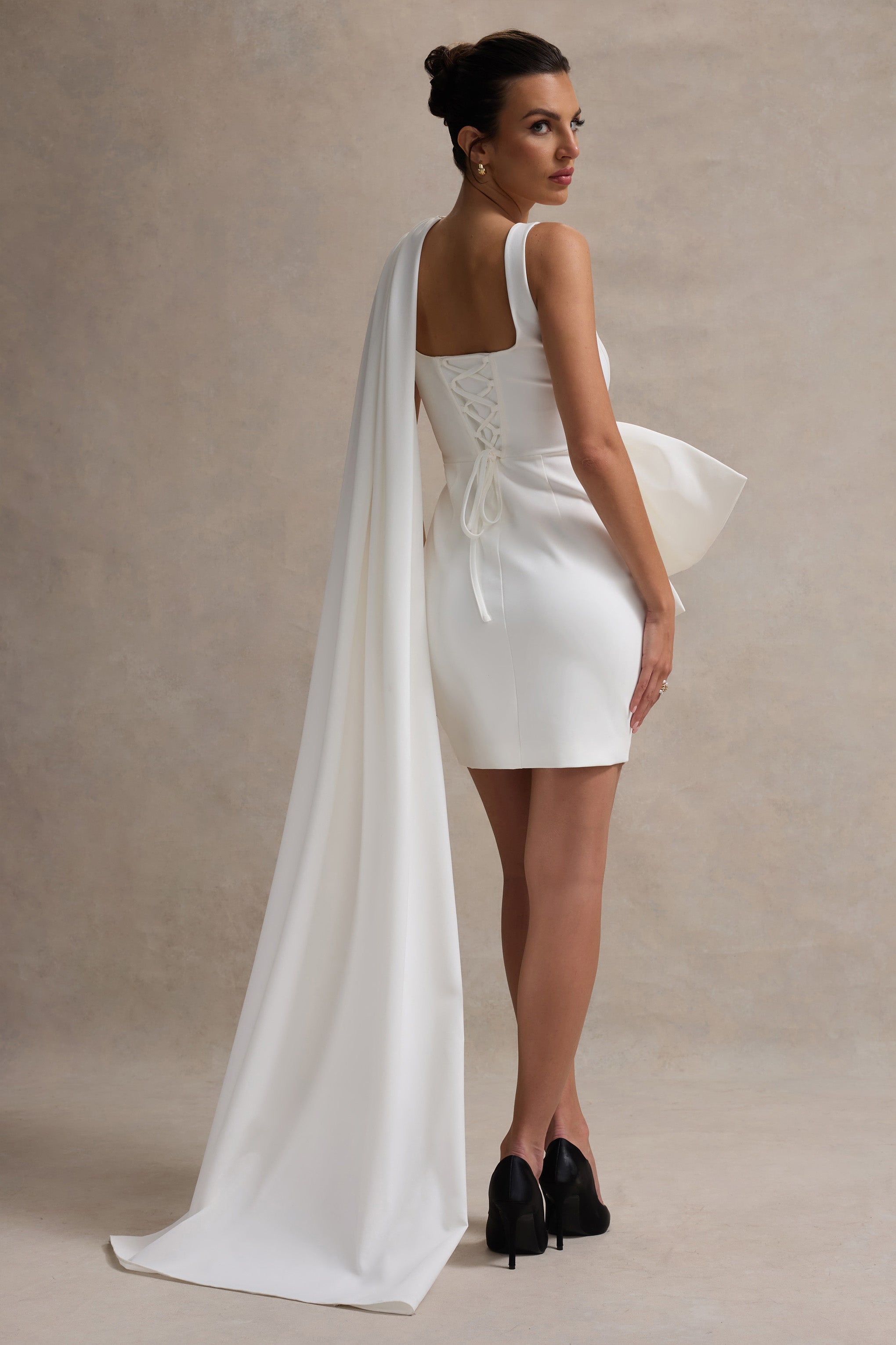 Brulee Cream Scoop-Neck Sash Mini Dress With Bow