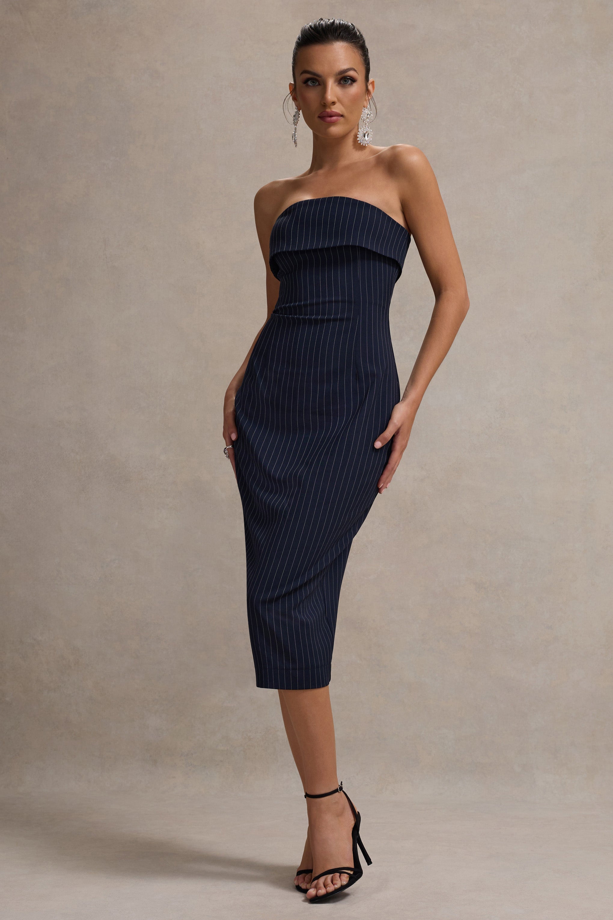 Highway Navy Pinstripe Strapless Midi Dress