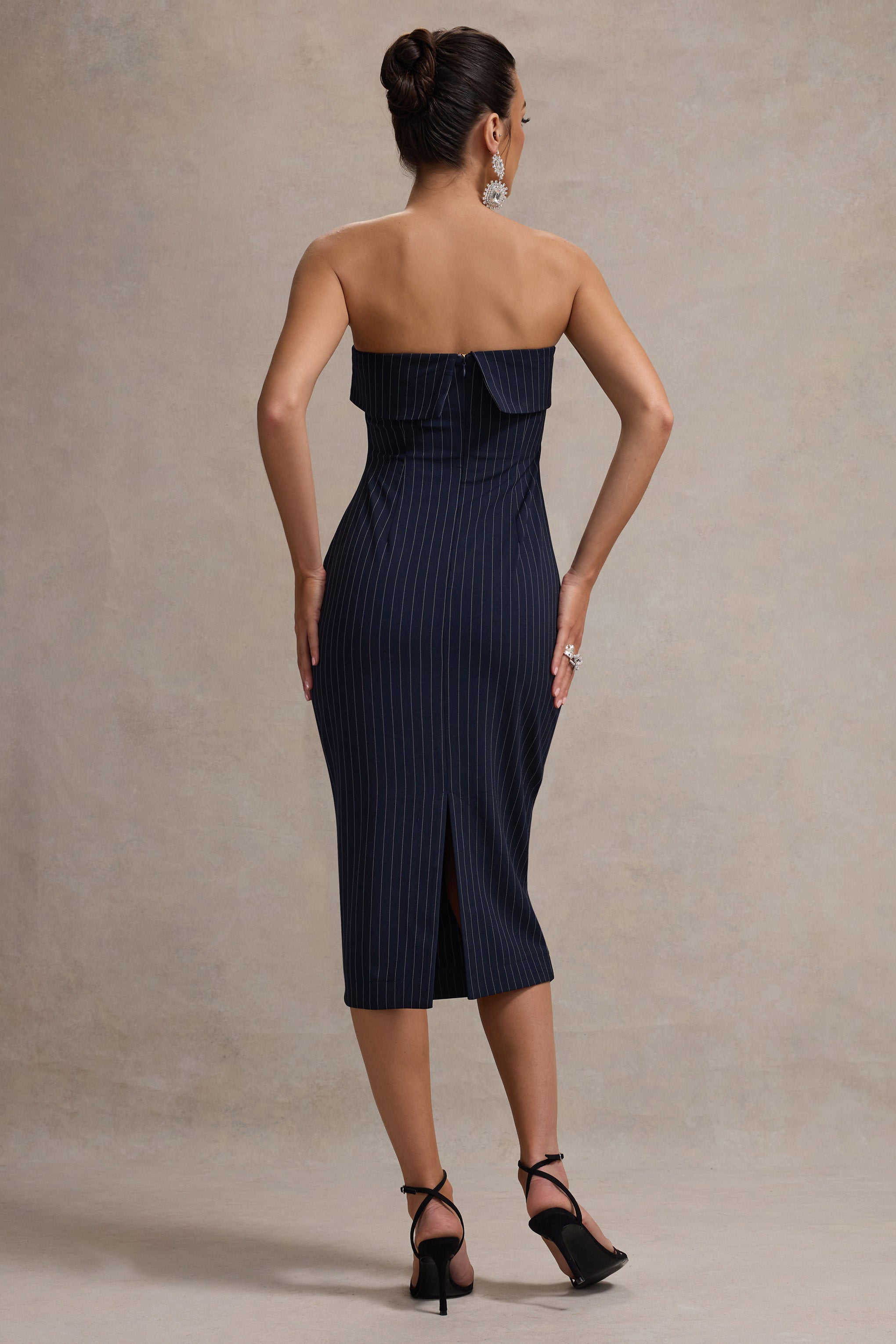Highway Navy Pinstripe Strapless Midi Dress