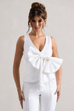 Adoration Cream Satin Plunge-Neck Top With Bow