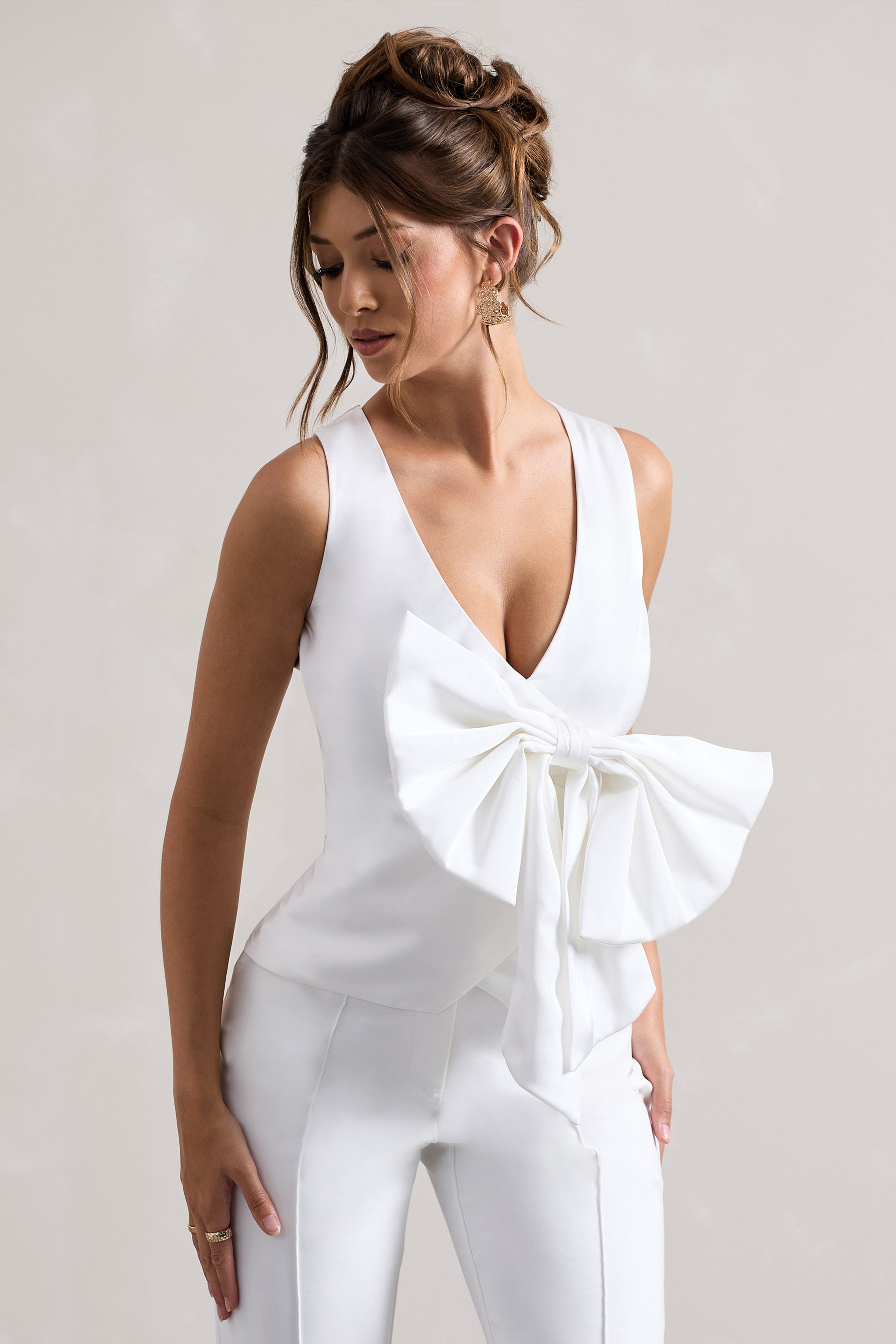 Adoration Cream Satin Plunge-Neck Top With Bow