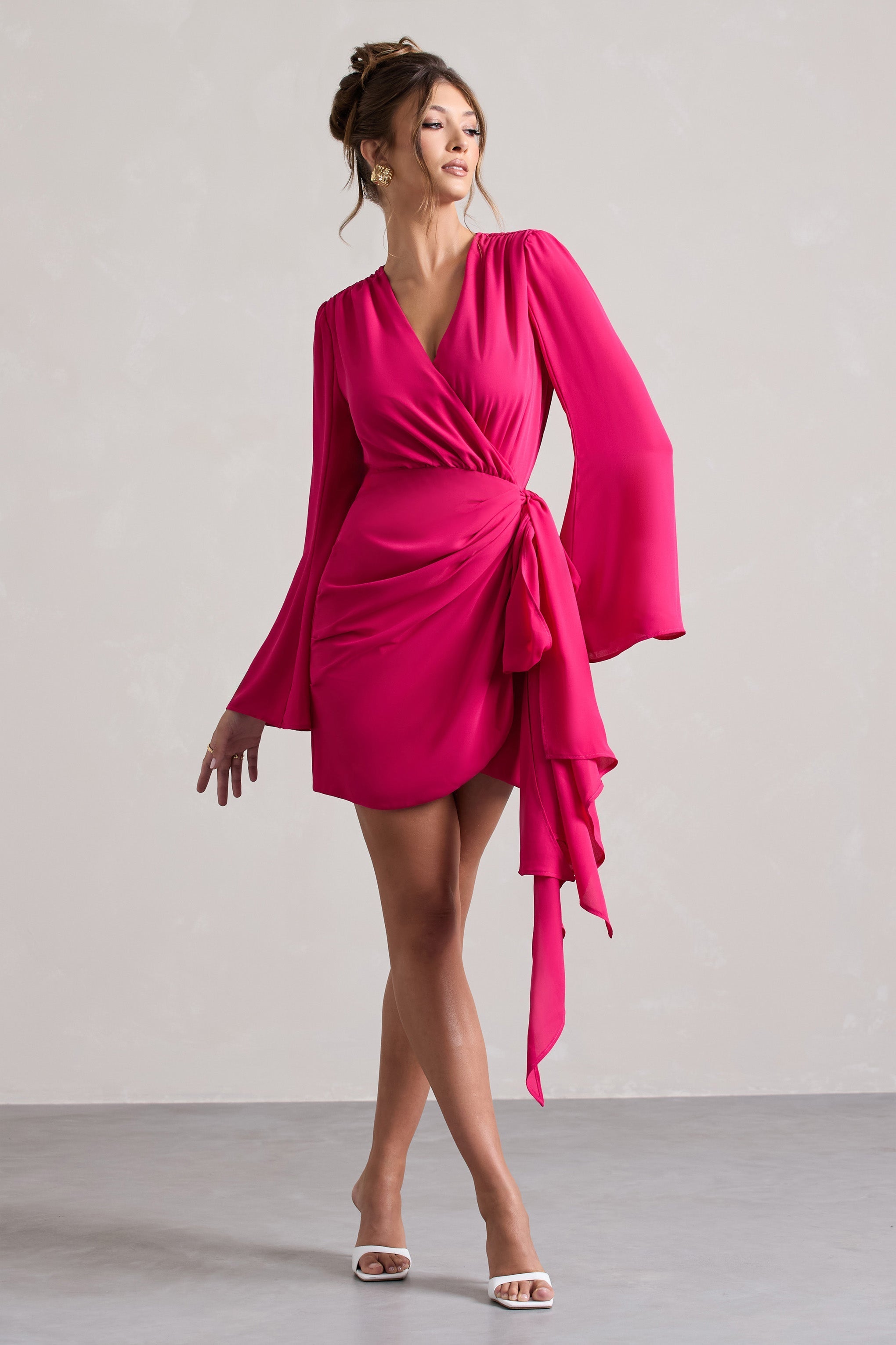 Alinta Hot Pink Long-Sleeve Wrap Mini Dress