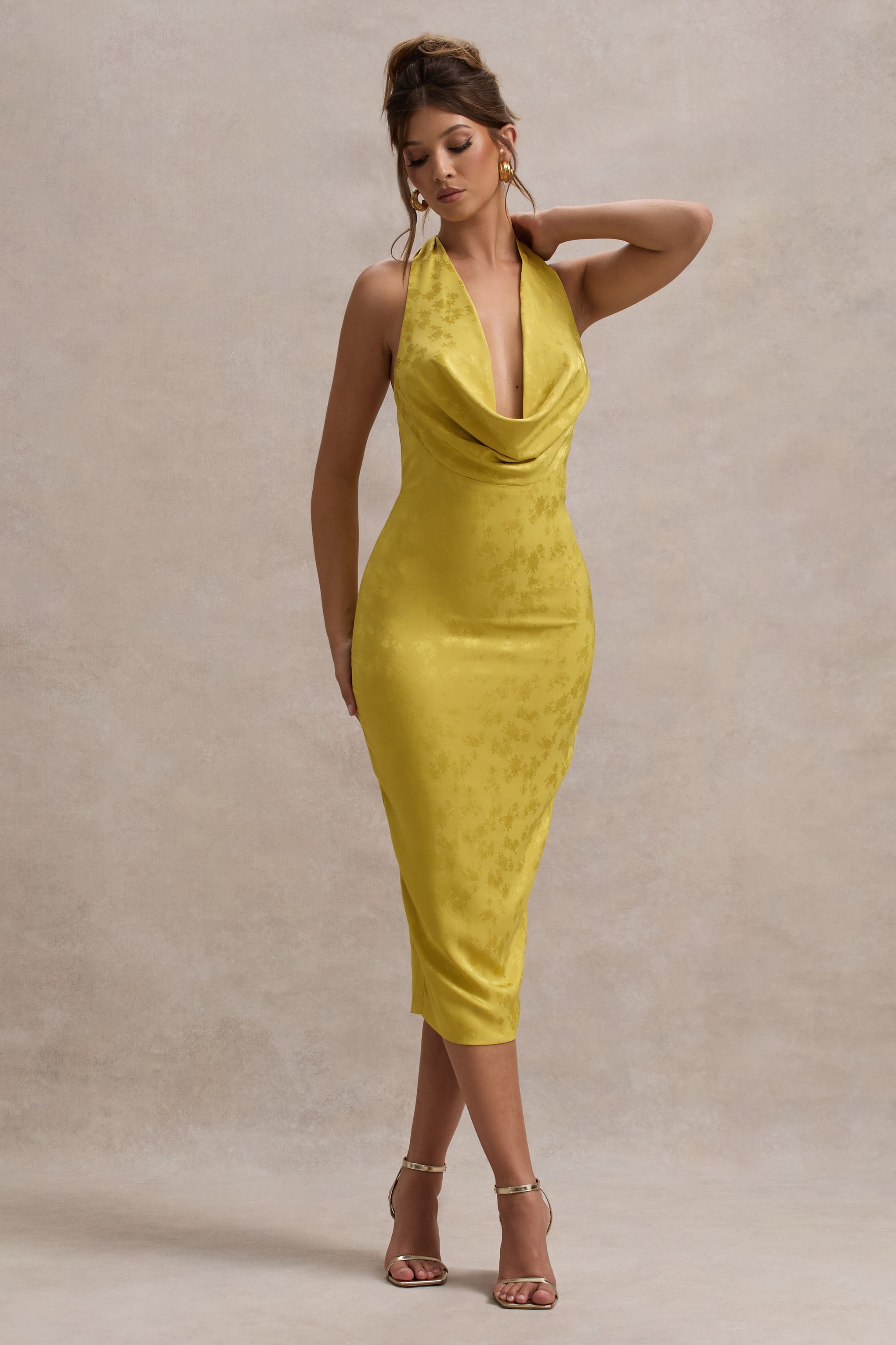 Maciza Mustard Satin Jacquard Cowl-Neck Midi Dress