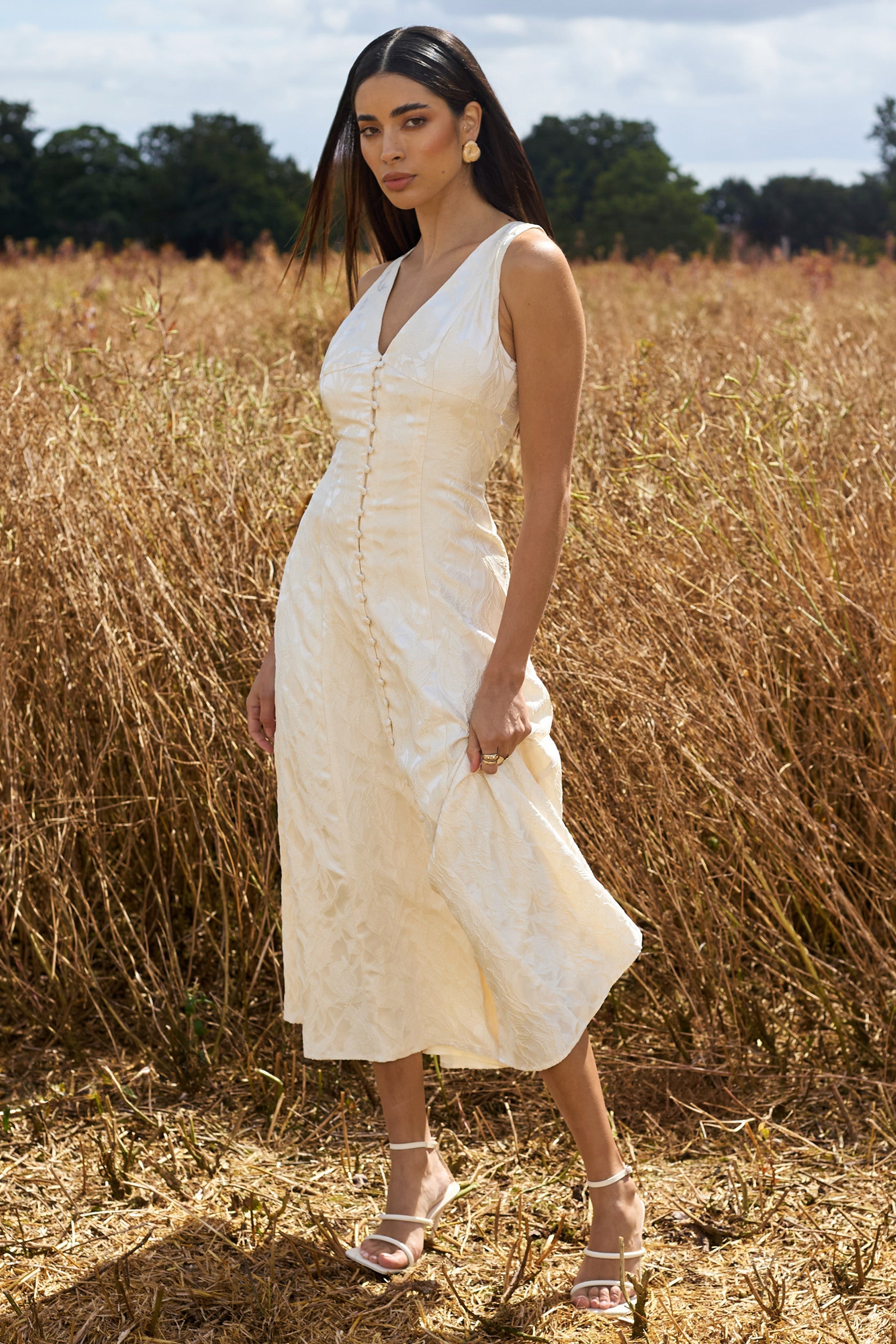 Mona Ecru Jacquard Plunge-Neck Button Midi Dress