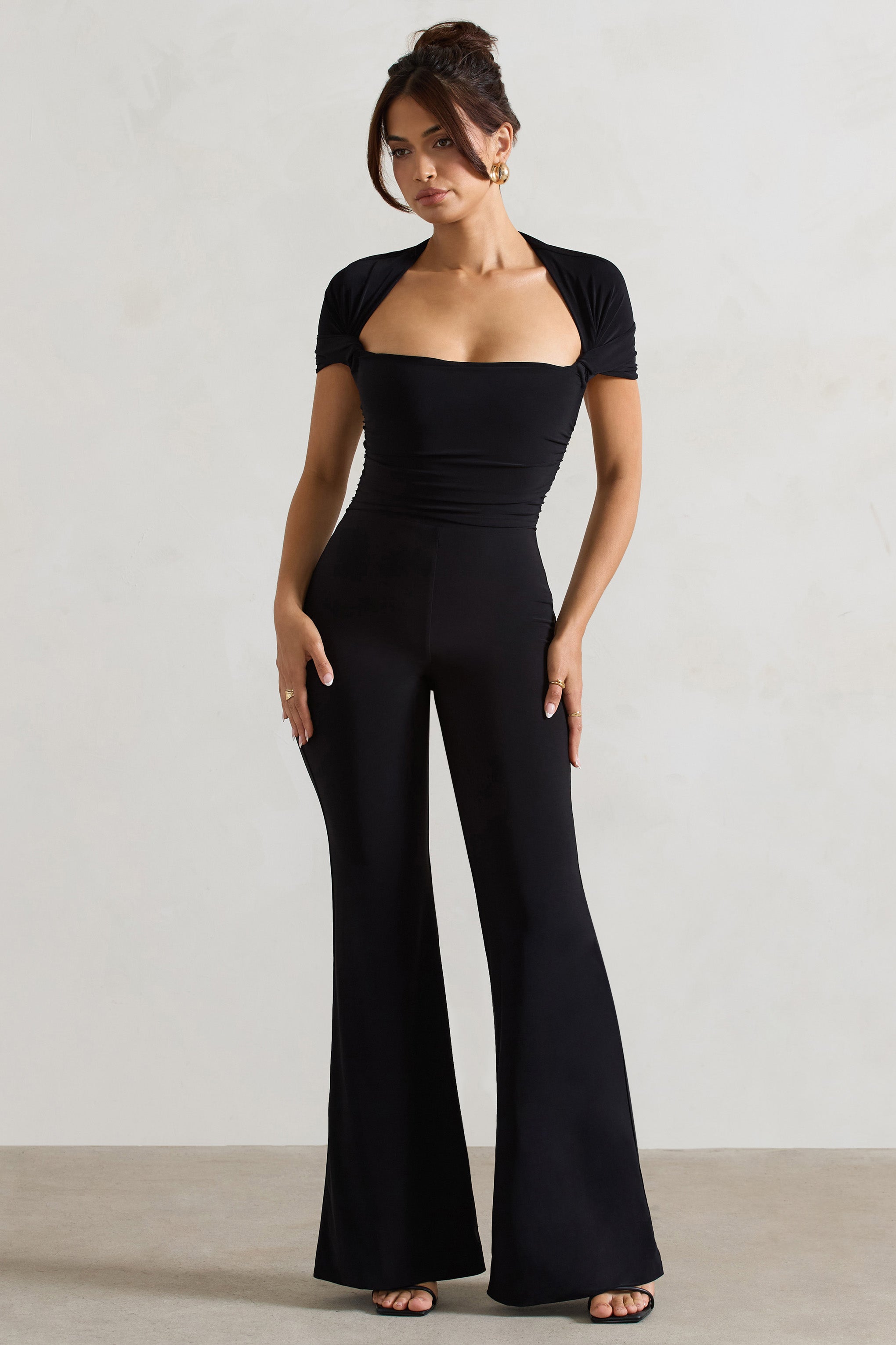 Silvanna Black Ruched Square-Neck Flared-Leg Jumpsuit