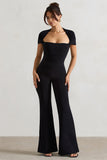Silvanna Black Ruched Square-Neck Flared-Leg Jumpsuit