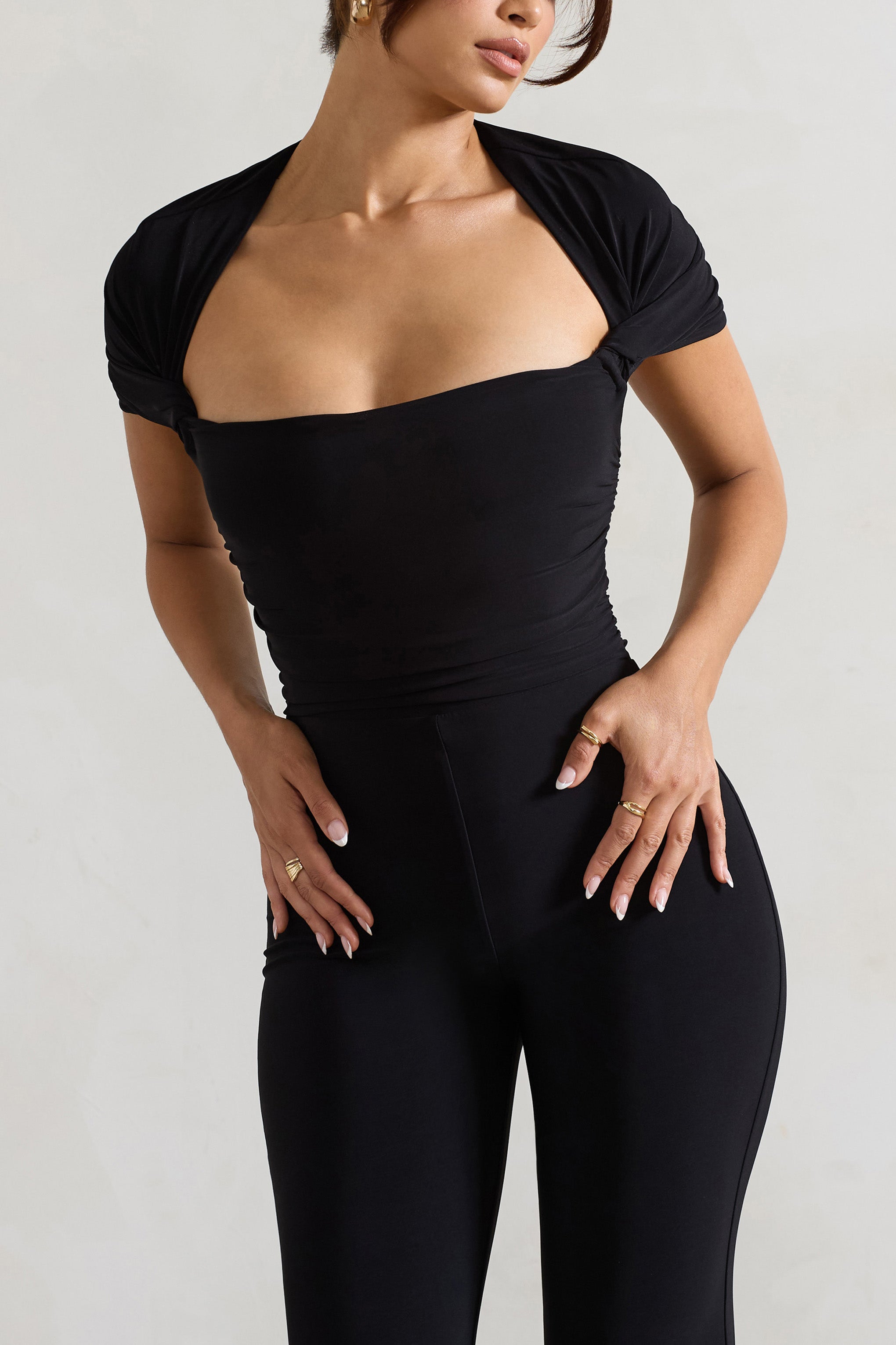 Silvanna Black Ruched Square-Neck Flared-Leg Jumpsuit