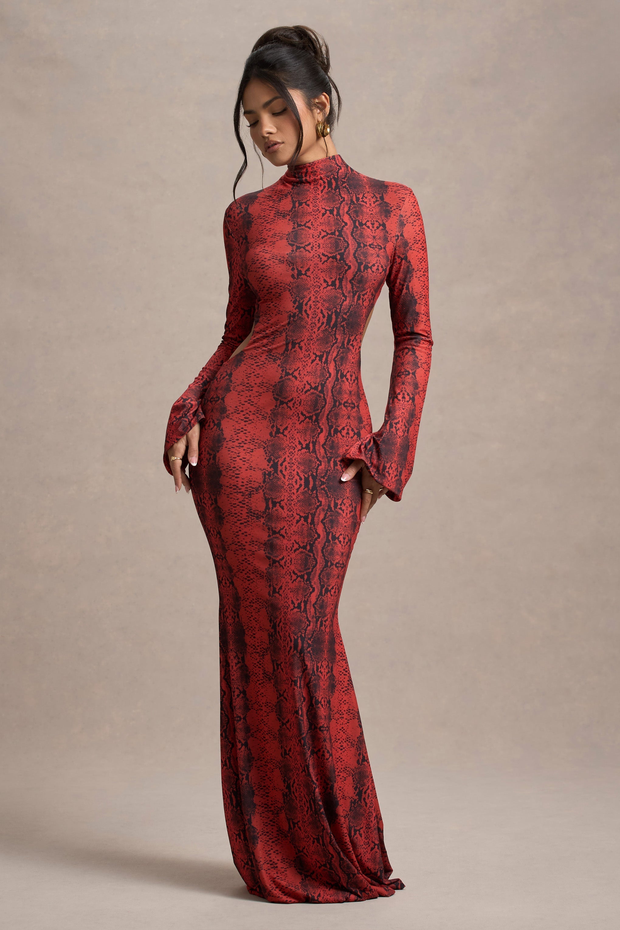 Arabia Red Snake Print High-Neck Cut-Out Maxi Dress