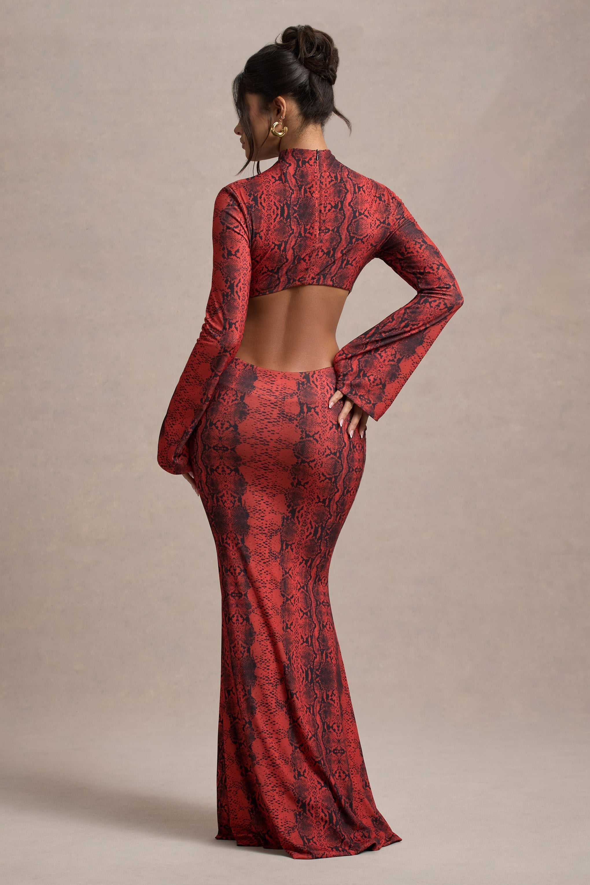 Arabia Red Snake Print High-Neck Cut-Out Maxi Dress