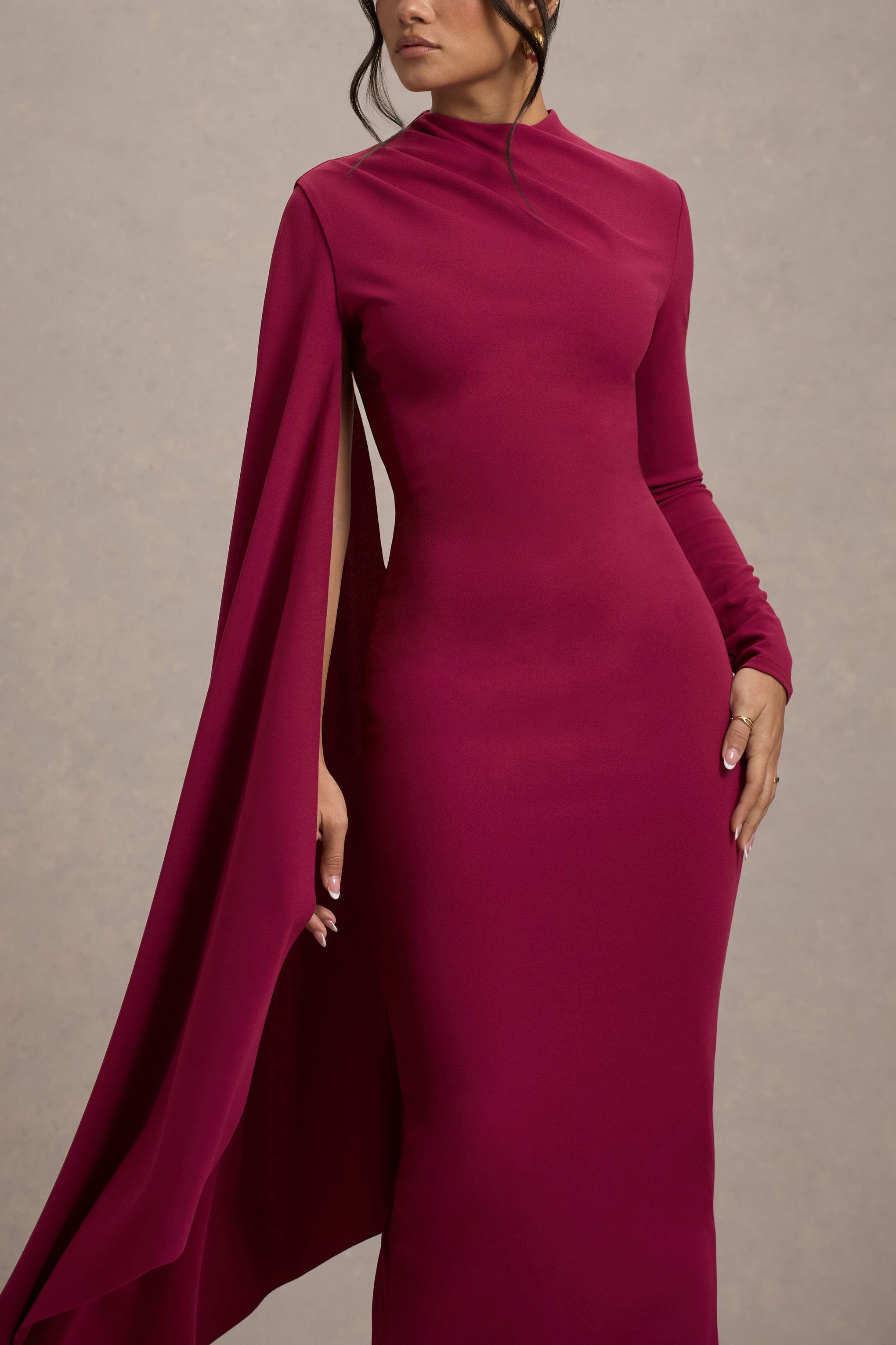 Aldona Mulberry High-Neck Long-Sleeve Maxi Dress With Cape Sleeve