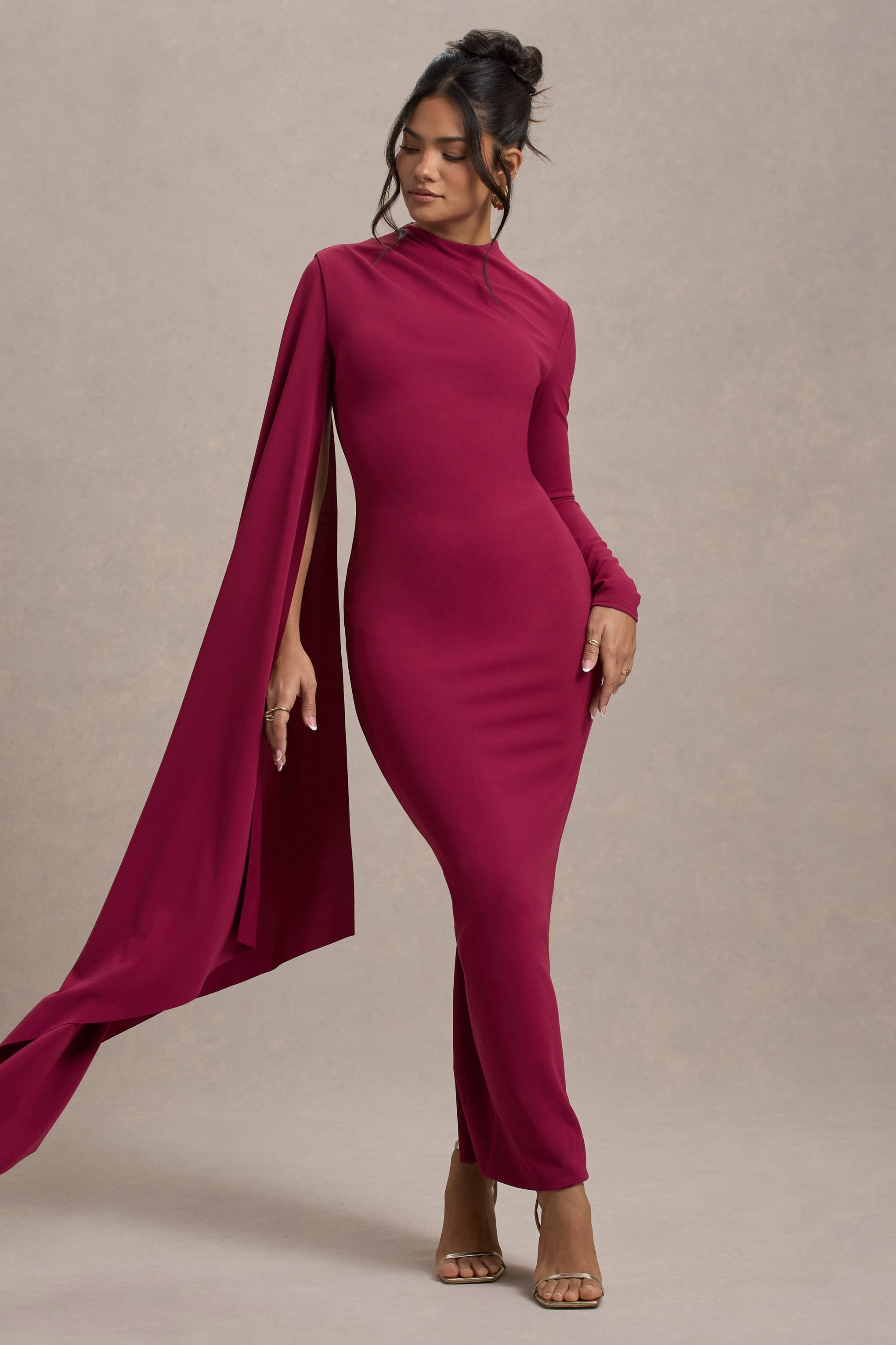 Aldona Mulberry High-Neck Long-Sleeve Maxi Dress With Cape Sleeve